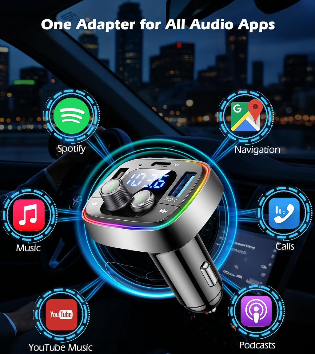 Bluetooth Car Adapter 5.4, FM Transmitter, 48W PD/QC Charger | Enjoy Bluetooth music, GPS navigation and hands-free