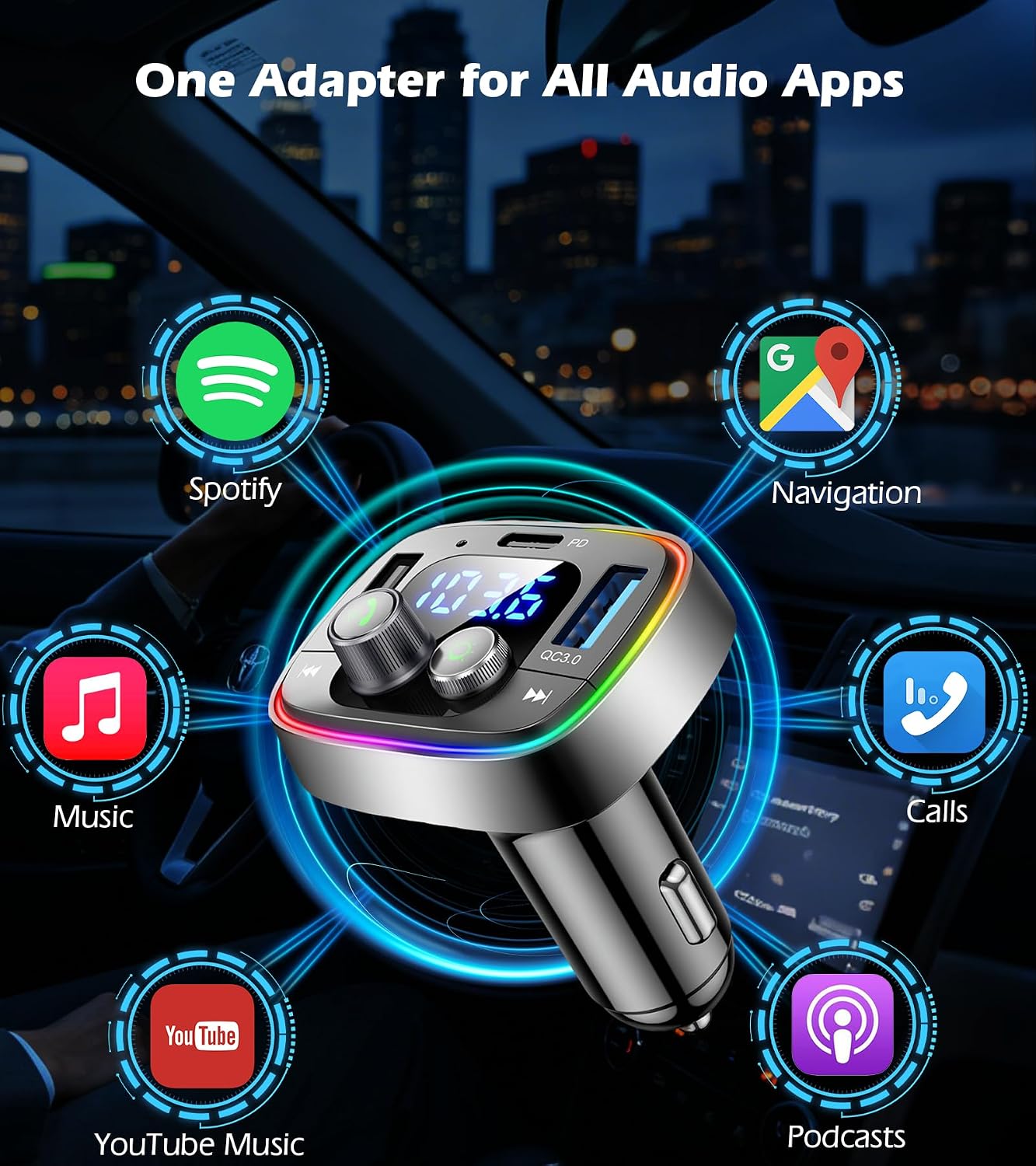Bluetooth Car Adapter 5.4, FM Transmitter, 48W PD/QC Charger | Enjoy Bluetooth music, GPS navigation and hands-free
