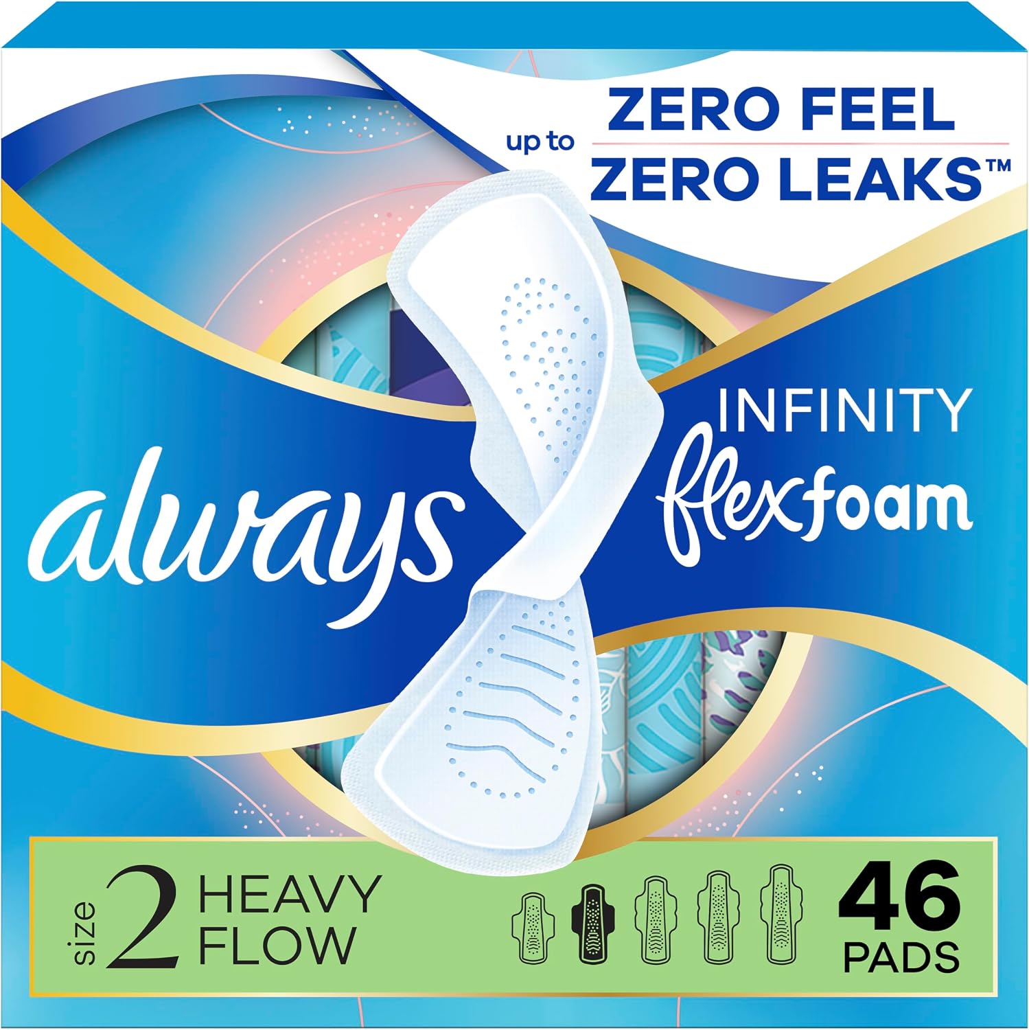 Infinity Feminine Pads for Women, Flexfoam Pads with Wings, Size 2, Heavy Absorbency, Unscented, 46 Count