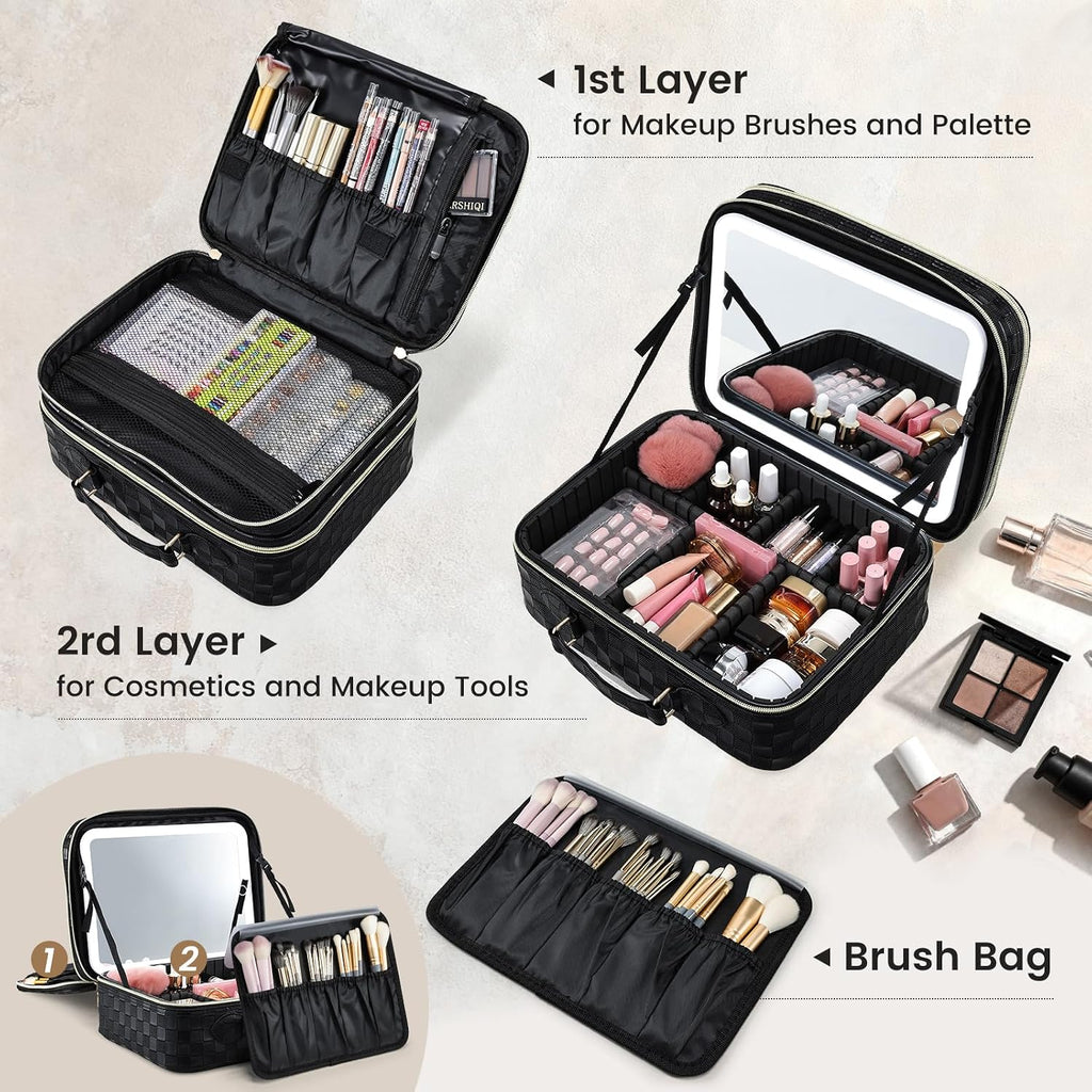 Makeup Bag with LED Lighted Mirror 12.2 IN Cosmetic Train Case Double Layer Makeup Case Adjustable Brightness in 3