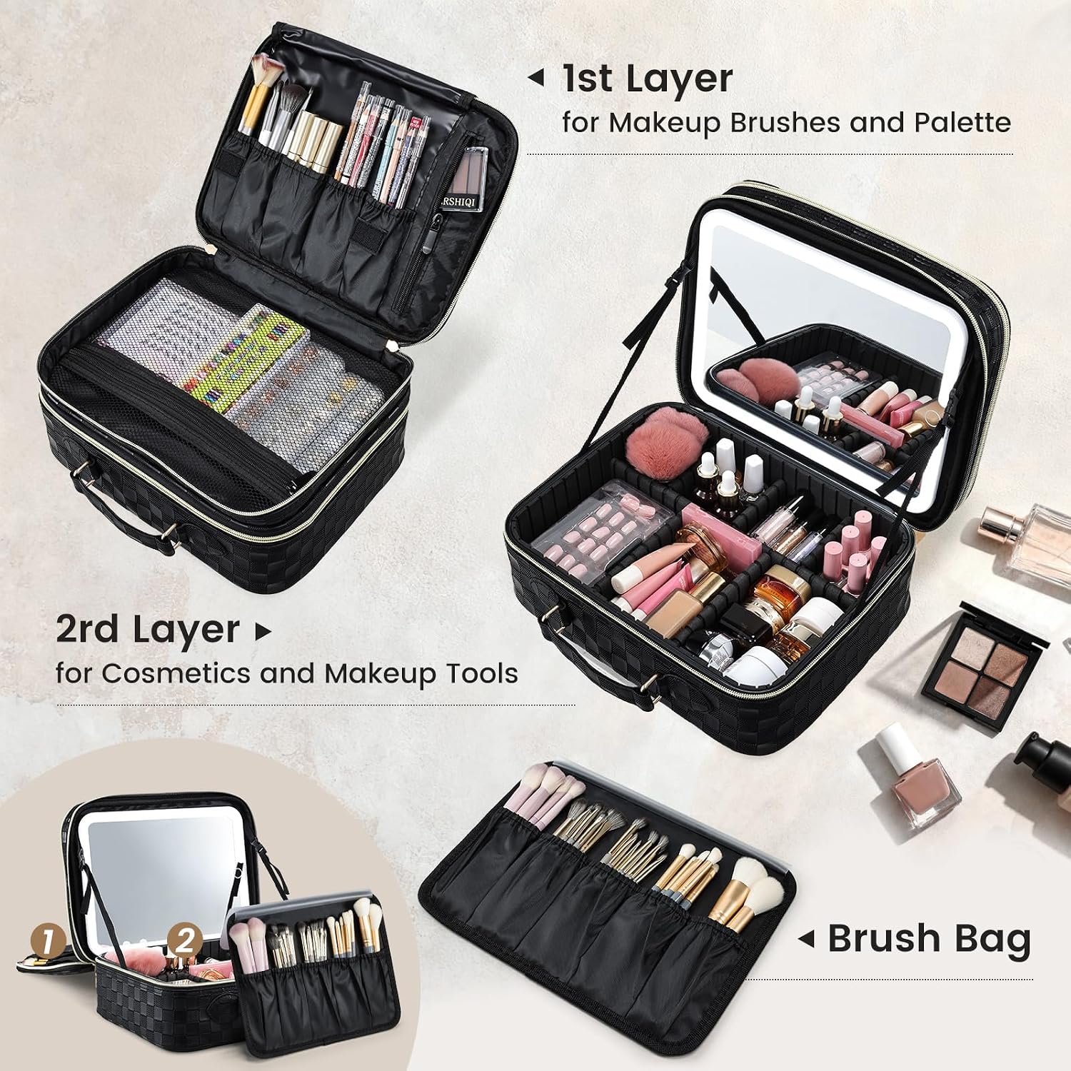 Makeup Bag with LED Lighted Mirror 12.2 IN Cosmetic Train Case Double Layer Makeup Case Adjustable Brightness in 3