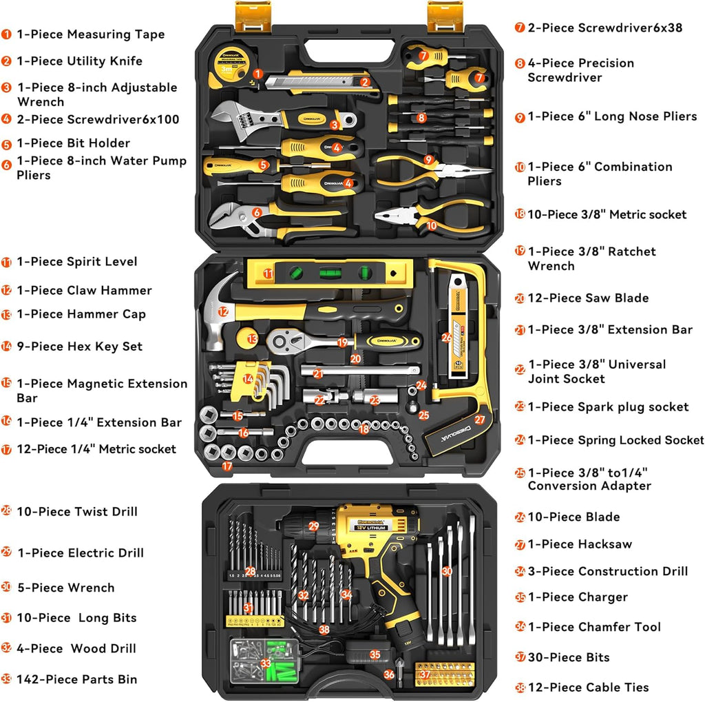 Tool Kit Box Drill Set with 12V Power Cordless Drill 299-Piece Tool Kit for Home Tool Set Storage Case with Drawer