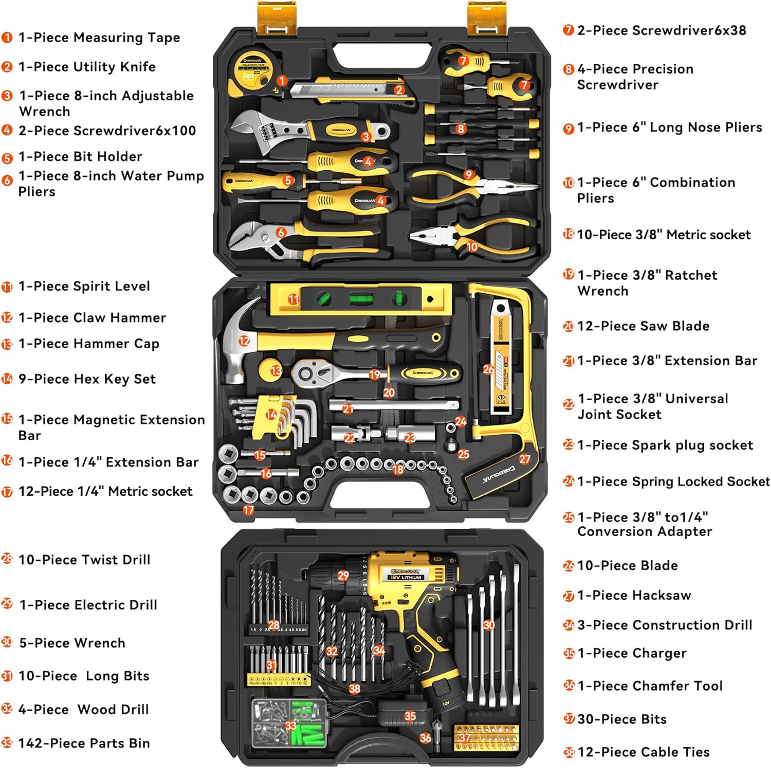 Tool Kit Box Drill Set with 12V Power Cordless Drill 299-Piece Tool Kit for Home Tool Set Storage Case with Drawer