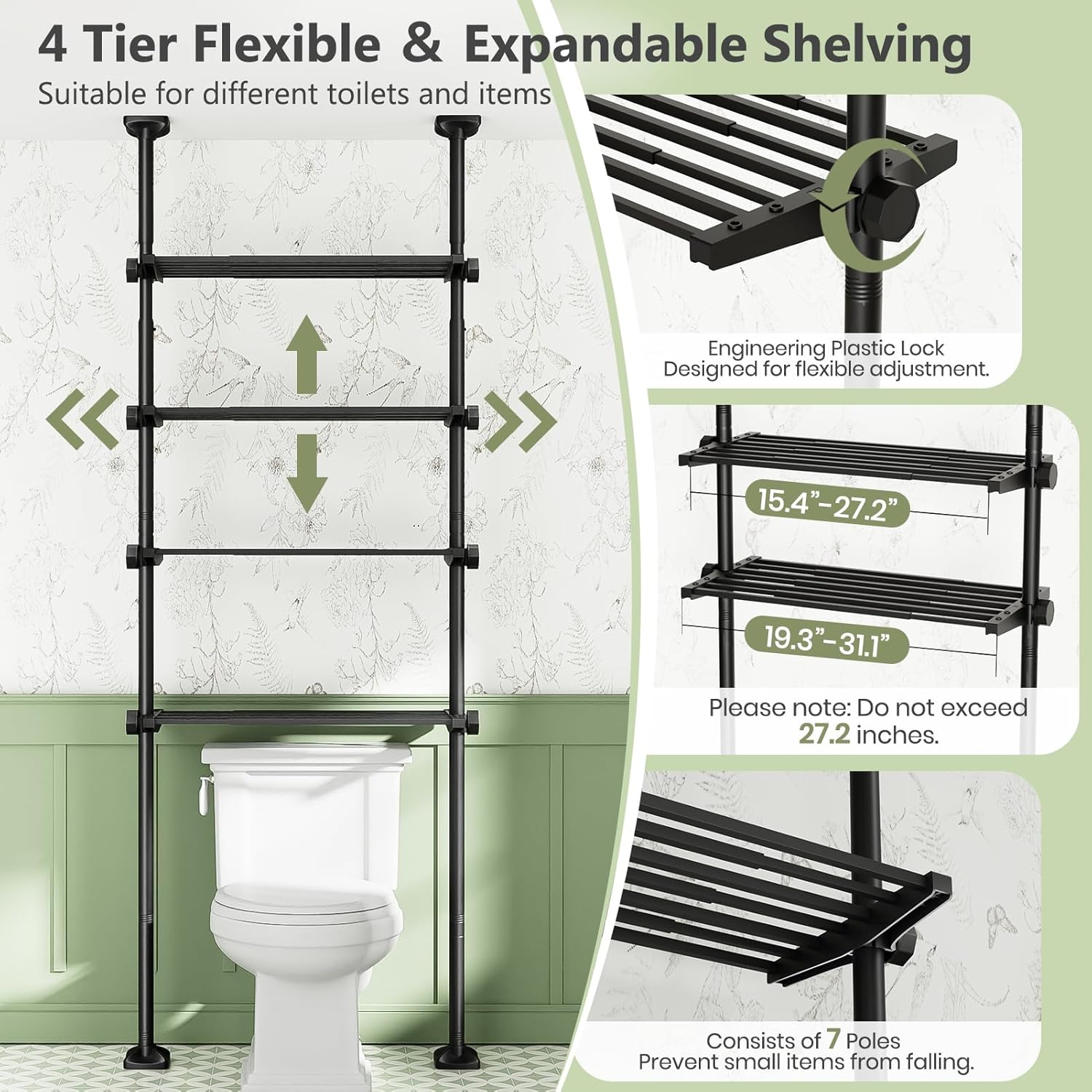 Over The Toilet Storage Shelf No Drill 4-Tier Adjustable Bathroom Organizer | Space-Saving Tension floor-to-ceiling