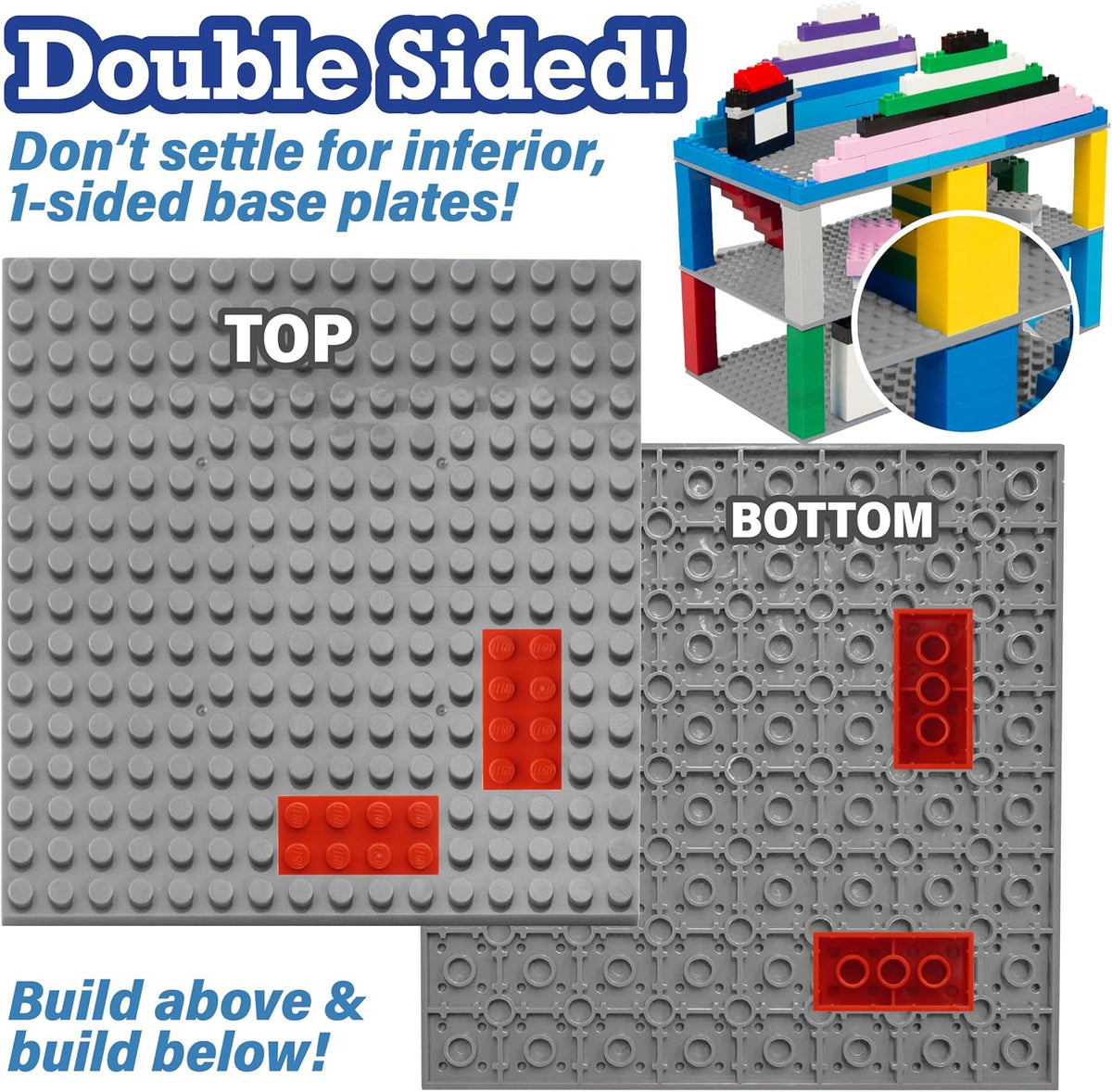 Classic Baseplates for Building Bricks, Gray 5"x5" Plates, 10 Pack Bulk Set