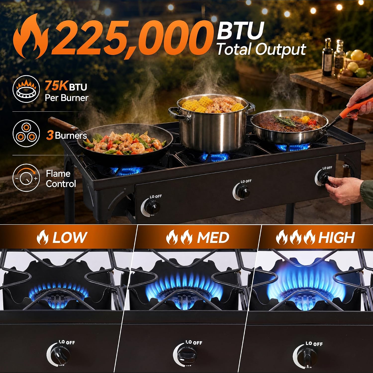3 Burner Propane Stove, 225,000 BTU Outdoor Cooker | 75,000 BTU per burner, CSA regulator and hose included, manual