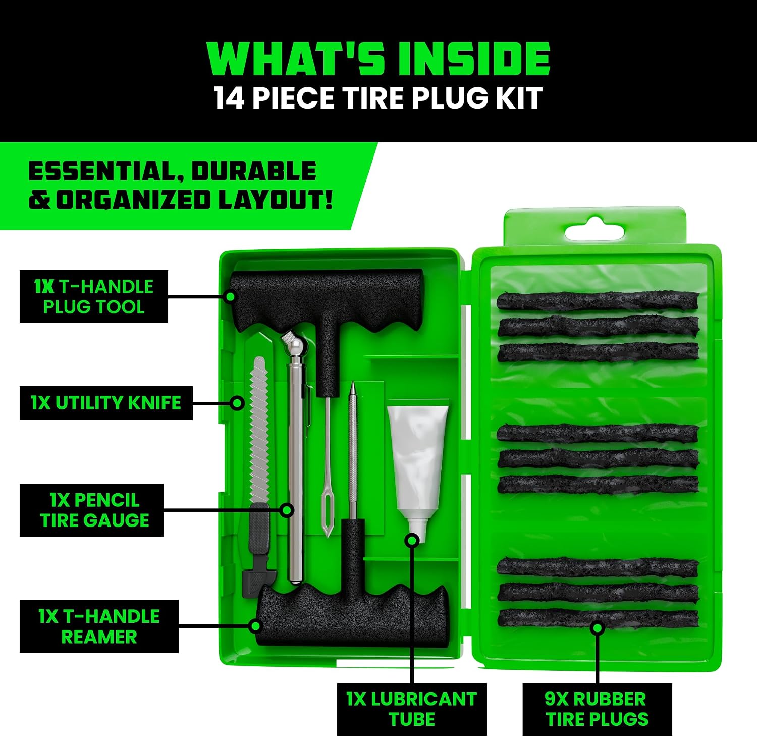 Compact Tire Repair Kit (14-Piece) – Heavy Duty Plug Set with Included Lubricant to Fix Punctures and Seal Flats –