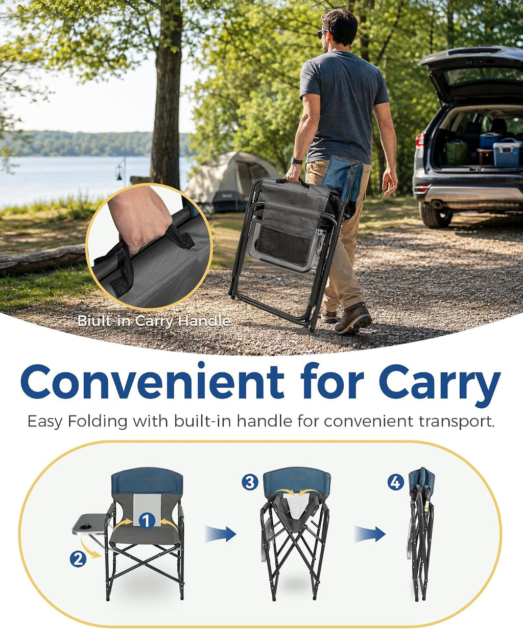 Oversized Director Camping Chair 2-Pack with Side Table, Blue | Heavy-Duty Steel Frame, Practical Side Table &