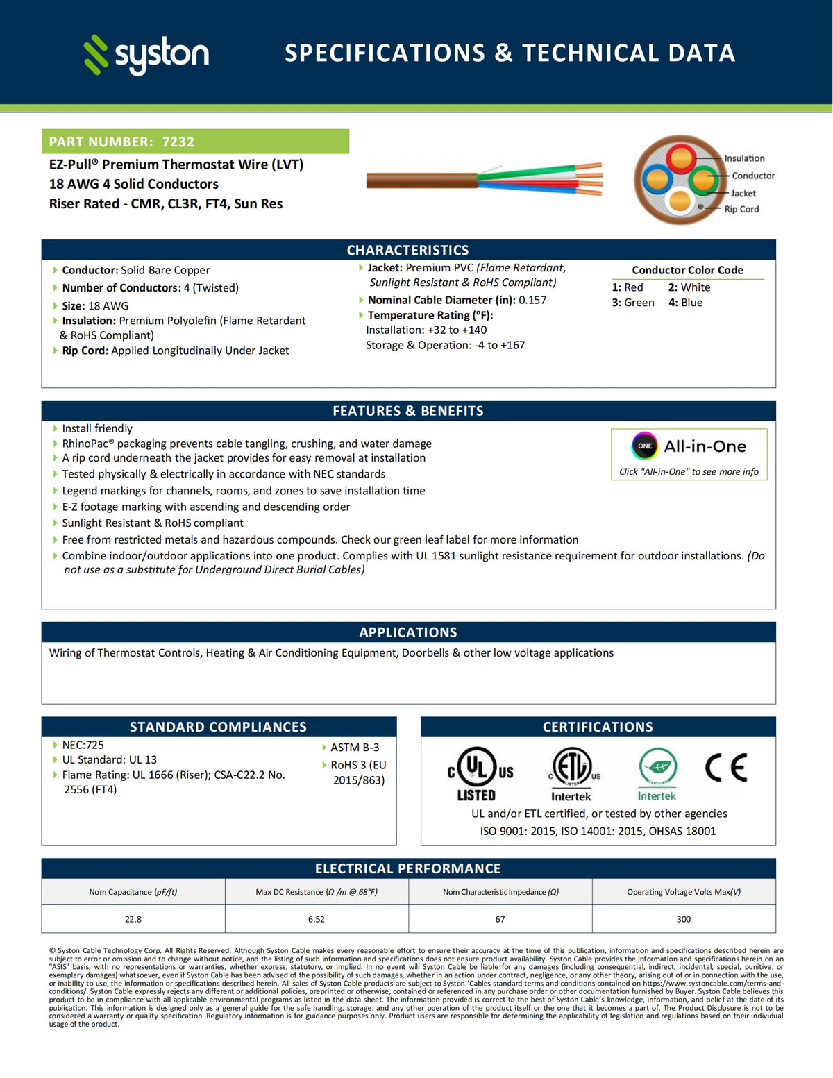 Syston 18/4 Thermostat HVAC Cable Wire, 100% Solid Copper, Riser/CL3R/CMR