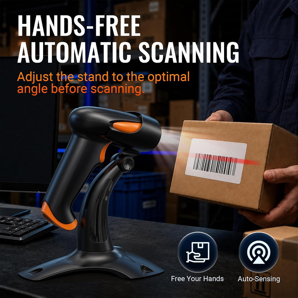Barcode Scanner Wireless with Stand: 1D 2D QR 3-in-1 Connection HW0001 | 640*480 CMOS Rolling, 2.4G BT USB, 2200mAh