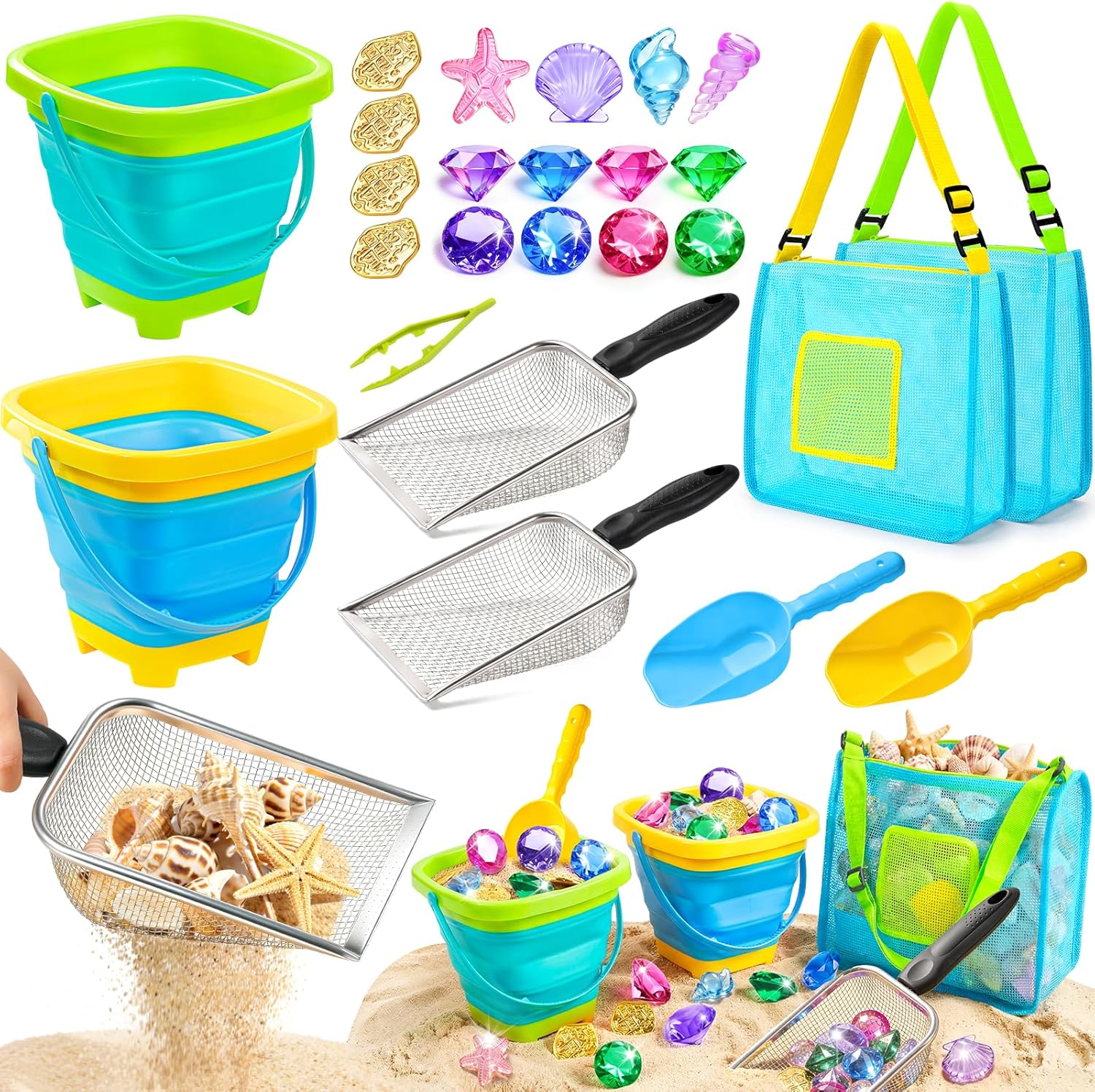 Beach Toys for Kids 24 Pcs Metal Sand Sifter Collapsible Beach Buckets Set | Stainless Steel Sand Shovel, Sandcastle