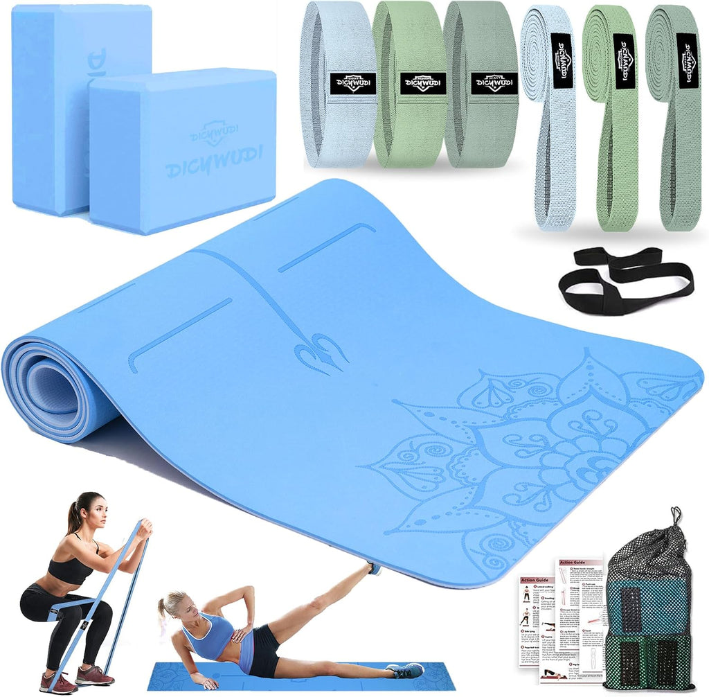 Yoga Mat Thick, 6 Fabric Resistance Bands, 2 Pack Yoga Blocks, Home Workout Equipment Essentials Starter Kit for