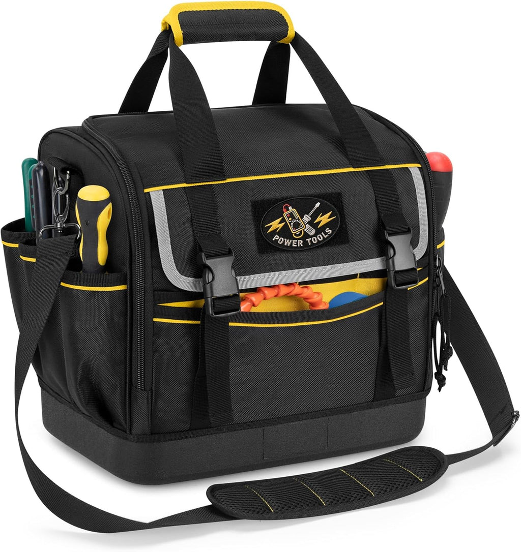 12-Inch Tool Bag with Hard Bottom, Electrician Tool Box Organizer with Detachable Divider, Multi-Purpose Work Tote