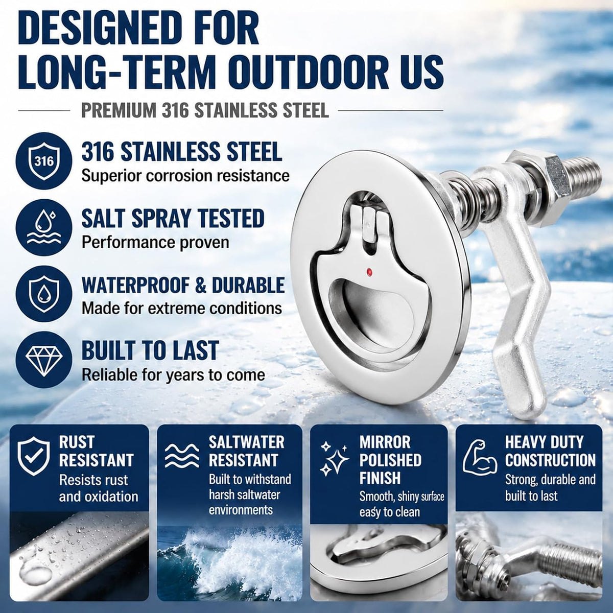 Boat Cam Latch, Marine 316 Stainless Steel Boat Hatch Latch, Flush Hatch Pull with Back Plate & Adjustable Cam, Flush Mount Marine Hardware for Ships, Yacht, Deck, RVs