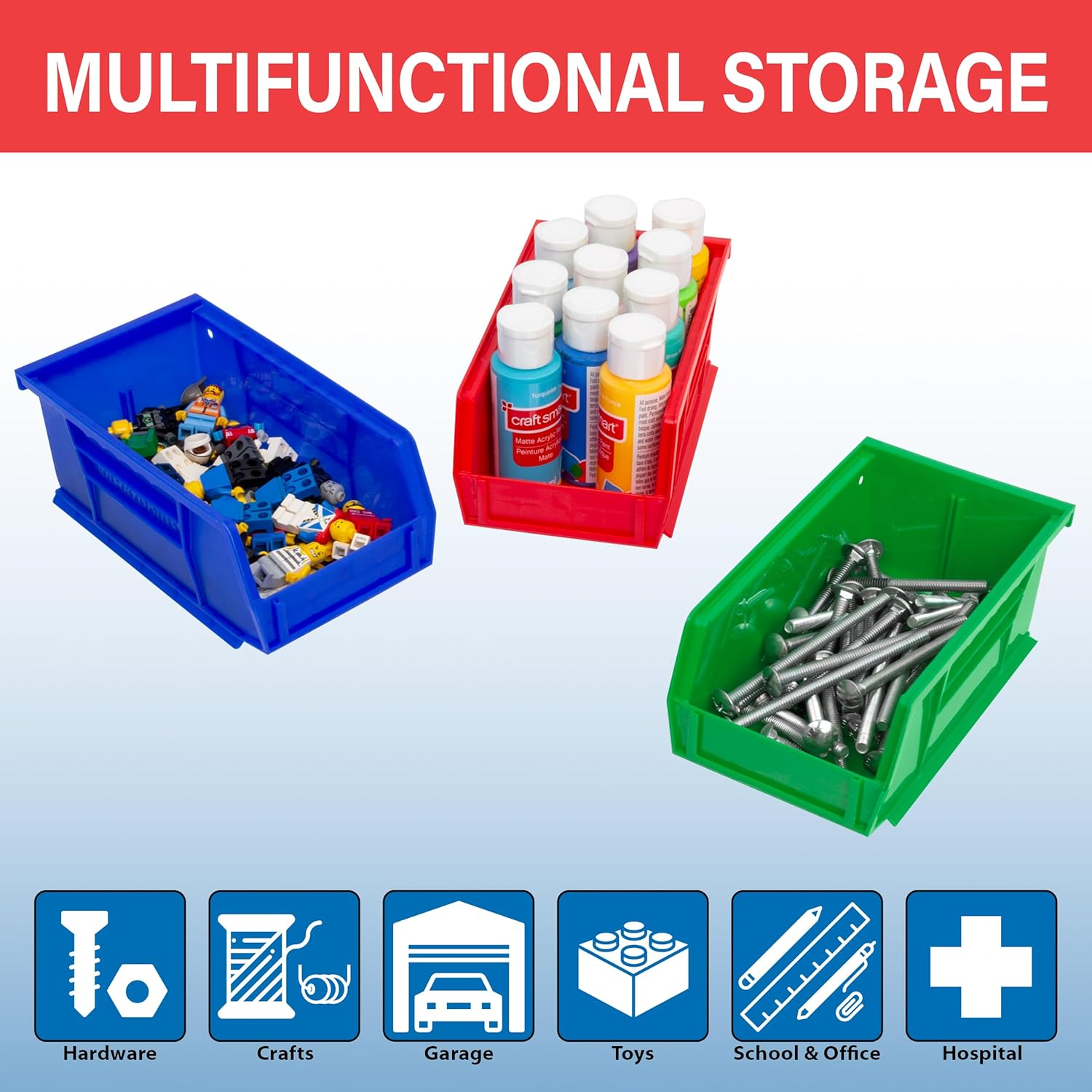 30220 AkroBins Plastic Storage Bins, 7"x4"x3", Blue, 24-Pack | Space-Saving Stackable Bins for Garage, Pantry, Craft