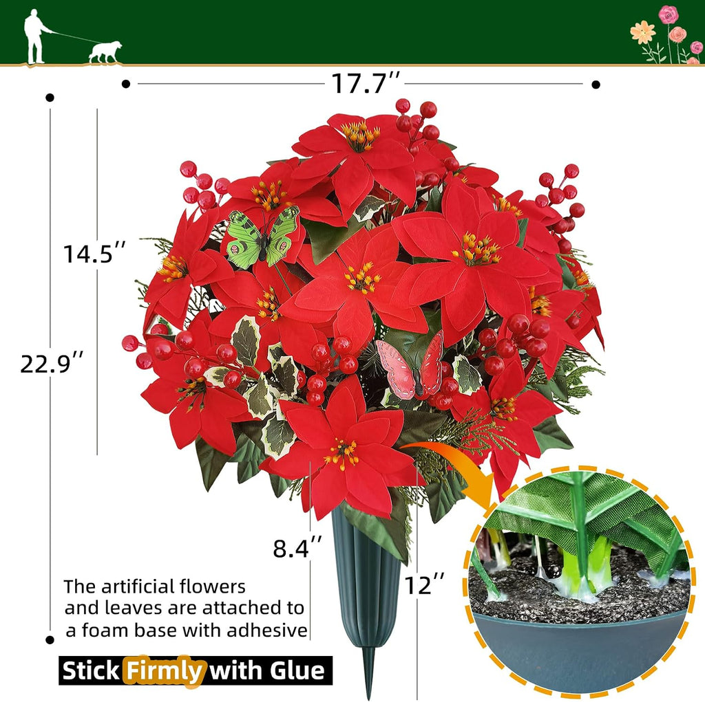 Christmas Cemetery Flowers for Grave- Poinsettia Artificial Flower with Vase for Headstones Graveyard Graveside