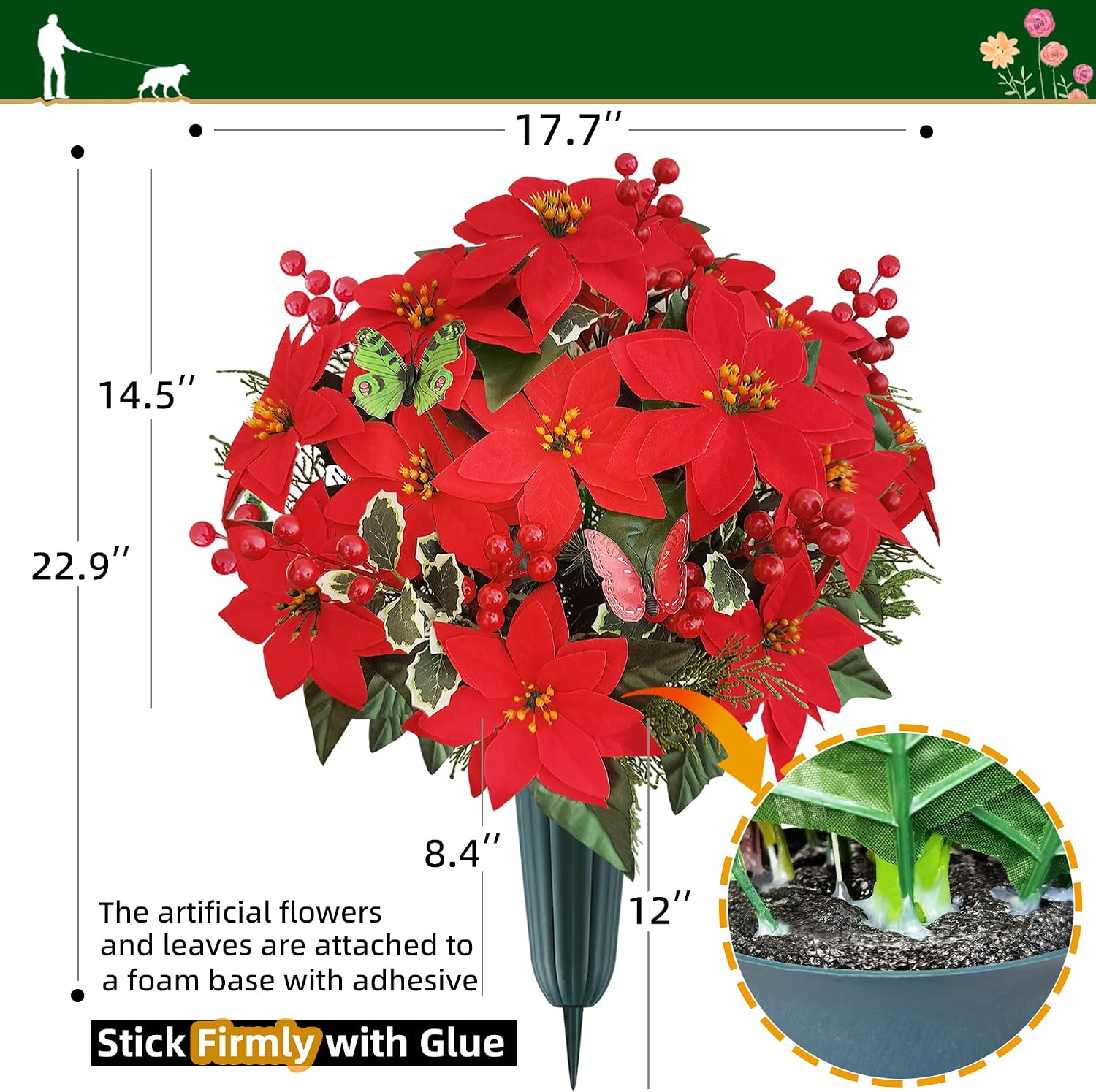 Christmas Cemetery Flowers for Grave- Poinsettia Artificial Flower with Vase for Headstones Graveyard Graveside