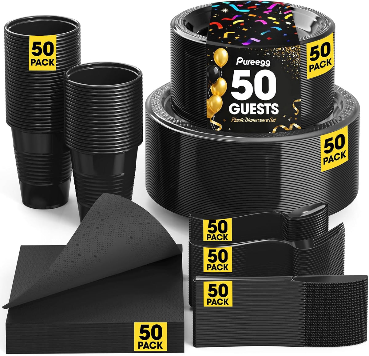 Plastic Plates Set 350 Pcs Black for 50 Guests