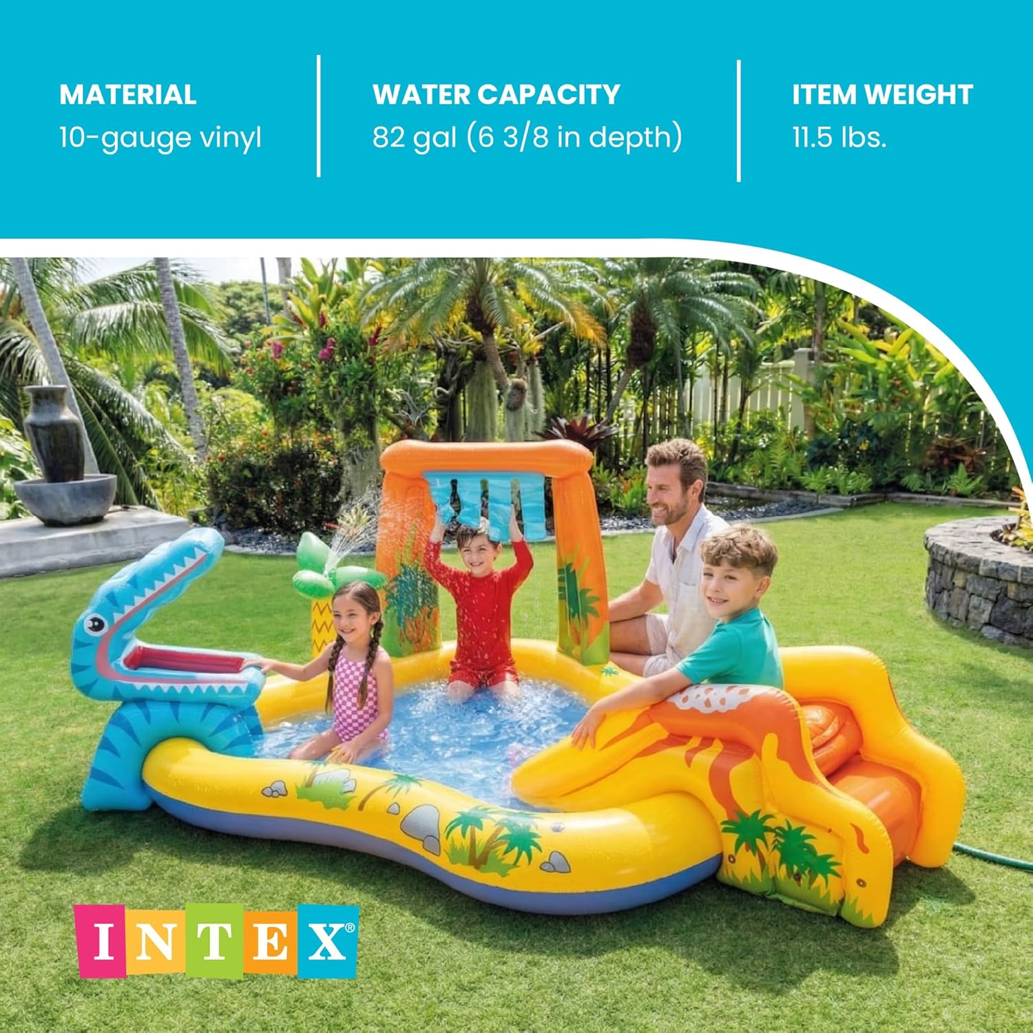 Inflatable Dinosaur Play Center Outdoor Playhouse Inflatable Water Park with Kid Pool Slide, Water Sprayer