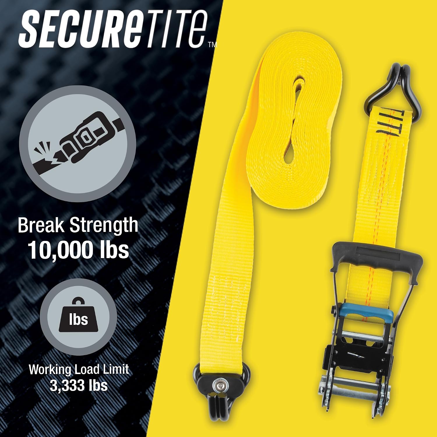 Ratchet Tie Down Strap 2 in. x 27 ft. with Magnetic Double J-Hook– 10,000 lb Break Strength, 3,333 lb Working Load