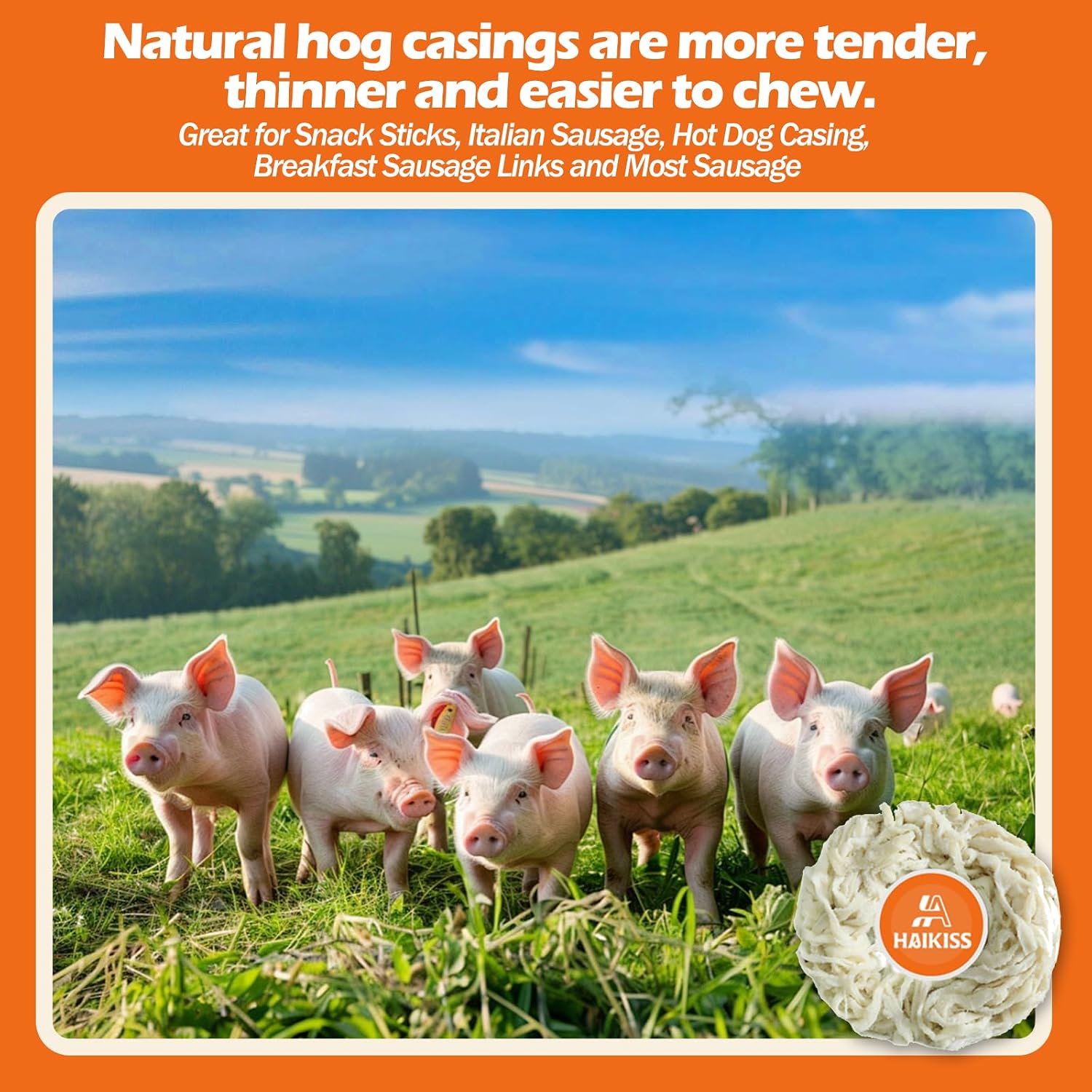Natural Hog Sausage Casing, Edible Casings for Sausage Making, Grade A, Great for Snack Sticks, Italian Sausage, Hot