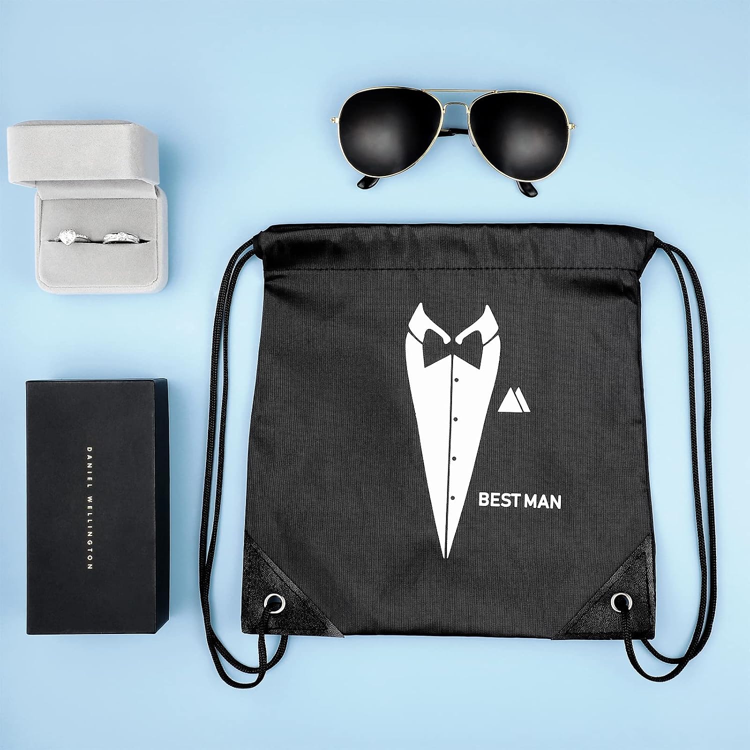7 Pack Groomsmen Gift Bags Drawstring, 9x9.9 Black Tuxedo Print