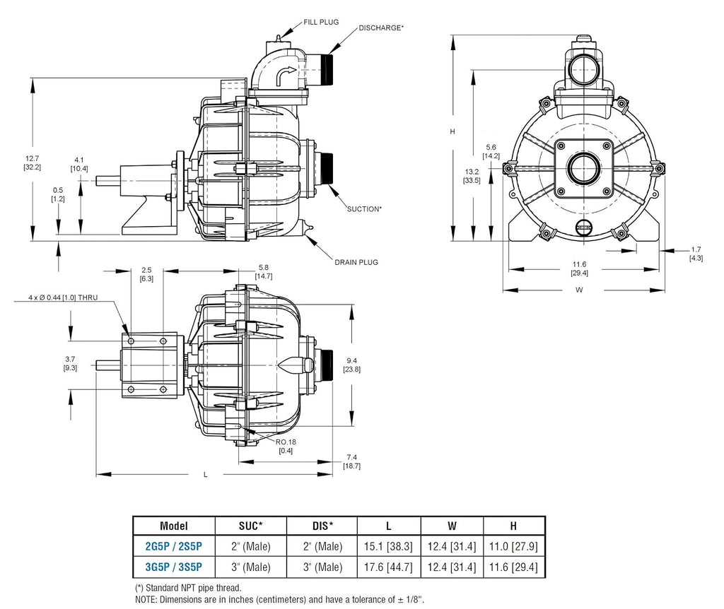 2S5X 2" Self-Priming Trash Centrifugal Pump Kit, 5/8" Threaded Shaft