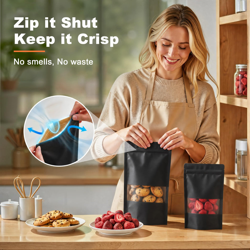 100 Pcs Resealable Bags, Matte Window, Paper, Black,7.1 x 10.2 in