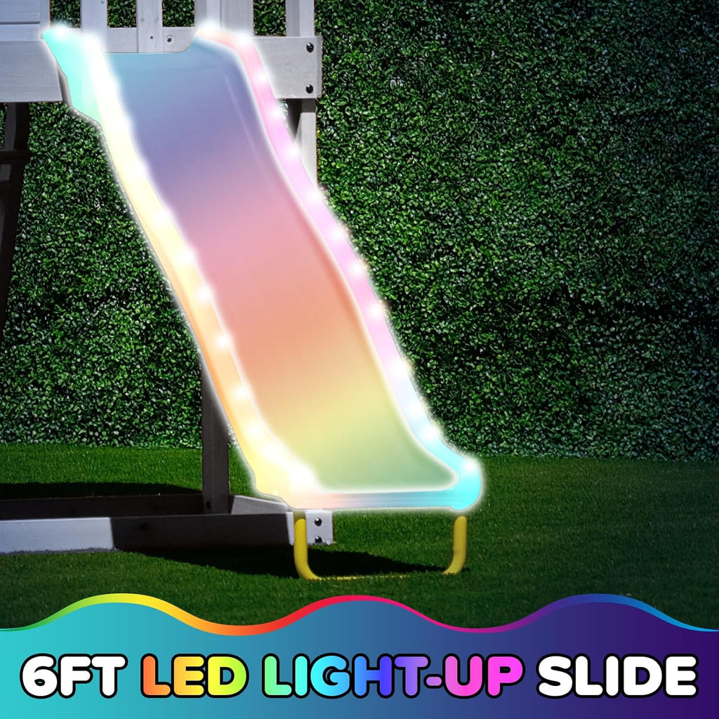 Amelia Galaxy Cedar Wooden Swing Set for Night Play with 2 LED Swings, Play Fort with Sandbox, Heavy Duty Double