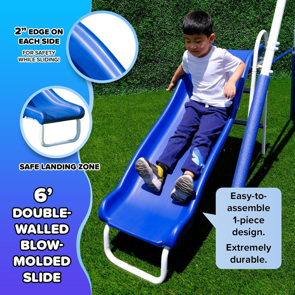 Super 9 Metal Swing Set for Outdoor Backyard Play: Teeter Totter, Glide Ride, Roman Glider, Standing Swing, Trapeze