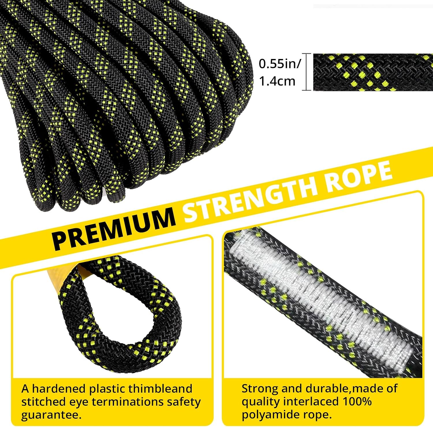 TRSMIMA Rope Harness Safety Lanyard：50ft Roofing Rope Fall Protection | Vertical Safety Harness Rope With Grab Snap