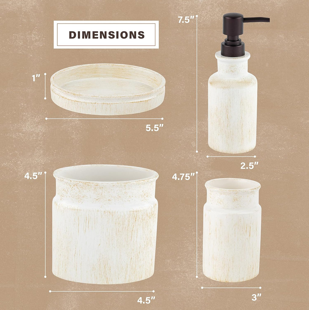 Rustic Luxe Beige 4 Piece Bathroom Accessories Set | Includes Soap Dispenser, Toothbrush Holder, Tumbler Cup & Soap Dish