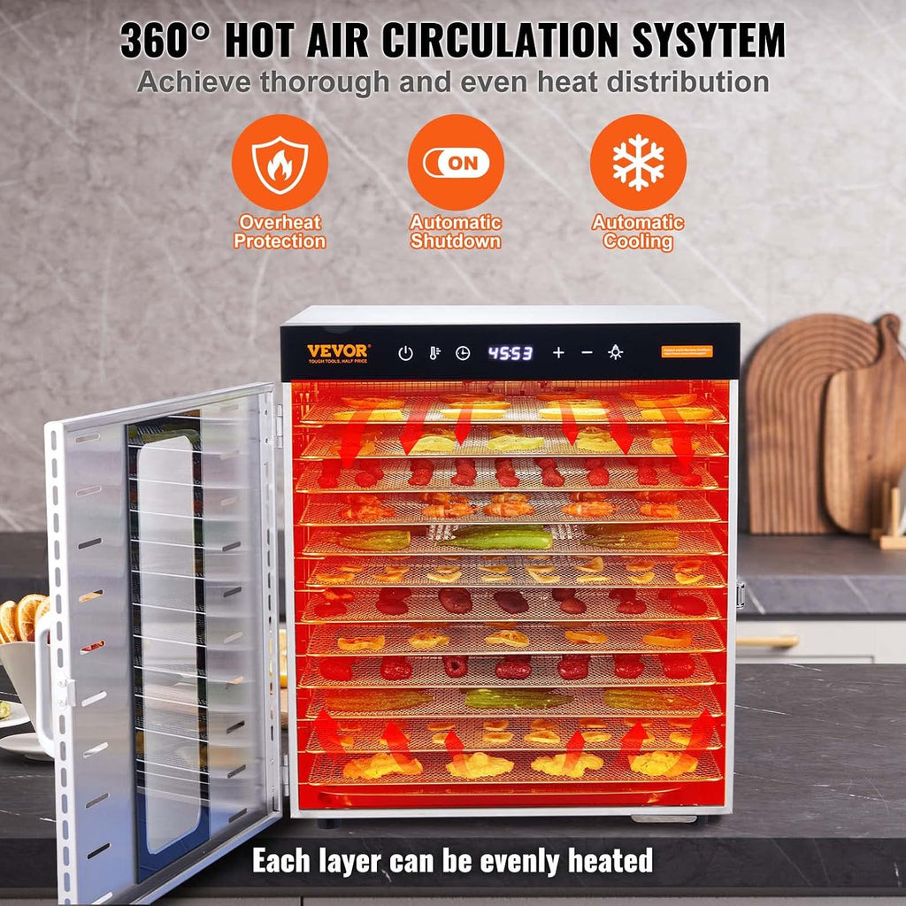 Food Dehydrator, 10 Trays Stainless Steel Food Dehydrator Machine, 1000W Dehydrators with Digital Adjustable Timer &