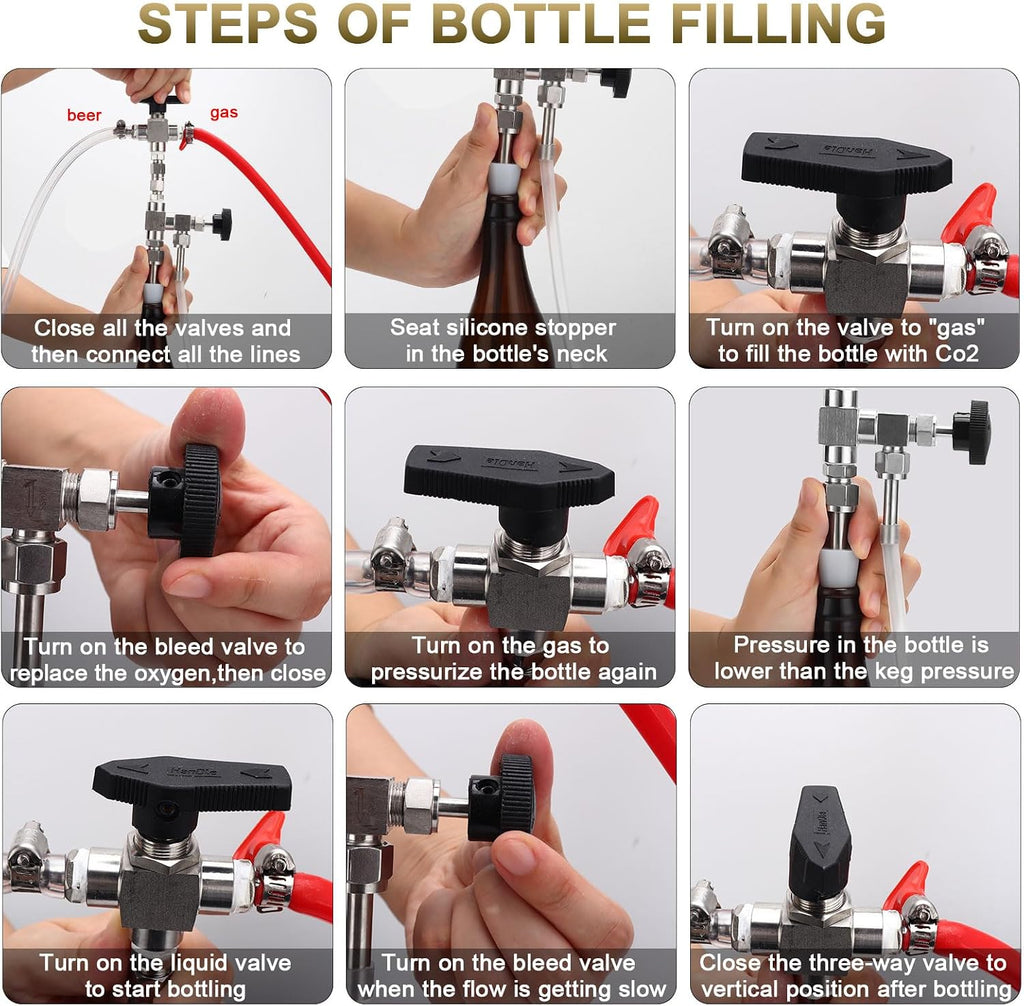 Counter Pressure Bottle Filler Stainless Steel Bottle Filler with 3ft Hose | 1/4” & 5/16” Barb Counter Pressure Beer