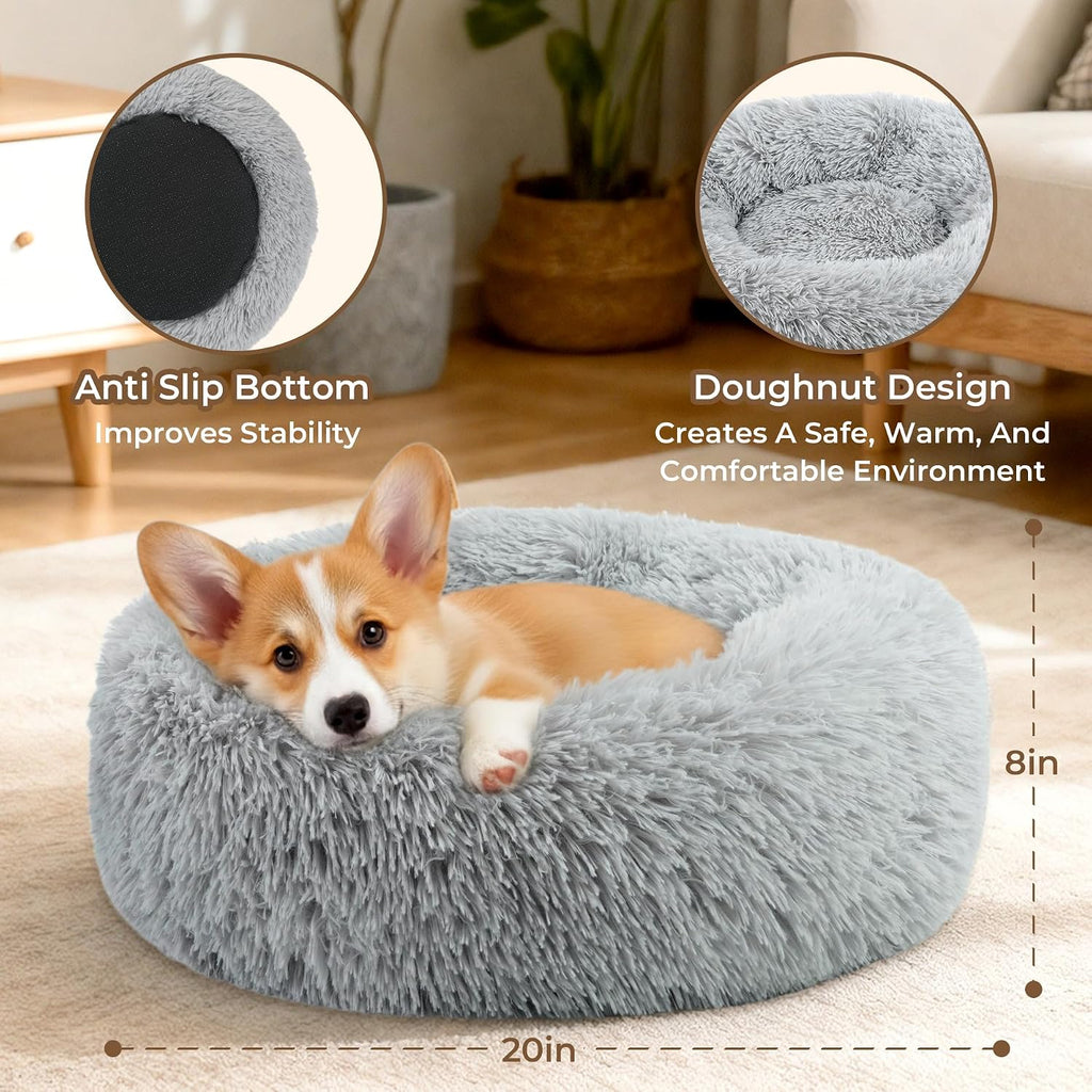 Calming Donut Dog and Cat Bed for Indoor Cats, Anti-Anxiety Round Fluffy Soft Washable Small Pet Bed for Puppy and
