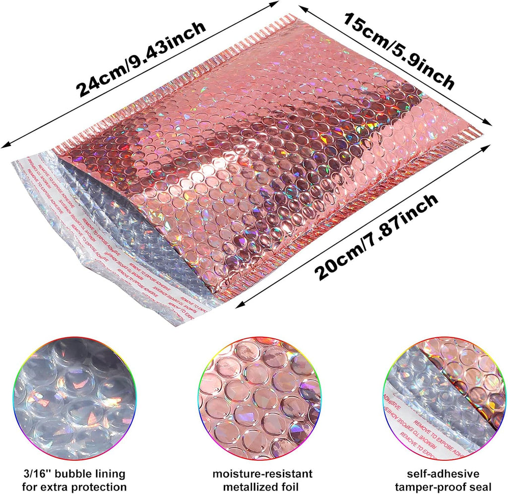 30 Pack Holographic Bubble Mailers, 9.5 x 6 Inch, Rose Gold