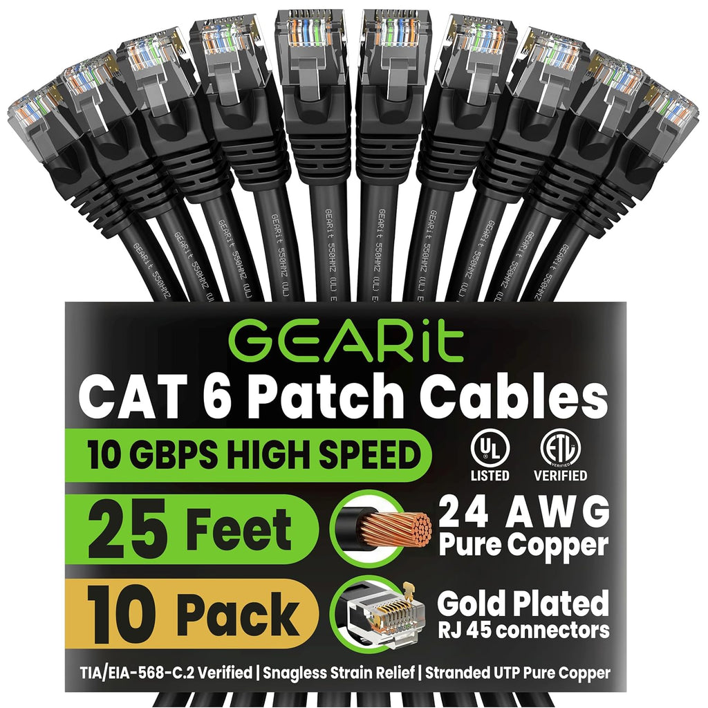 Cat6 Patch Cables Cat 6 Ethernet Cable 25 ft 10-Pack Black | Ethernet Patch Cable, 10Gbps 550MHz 24AWG Pure Copper