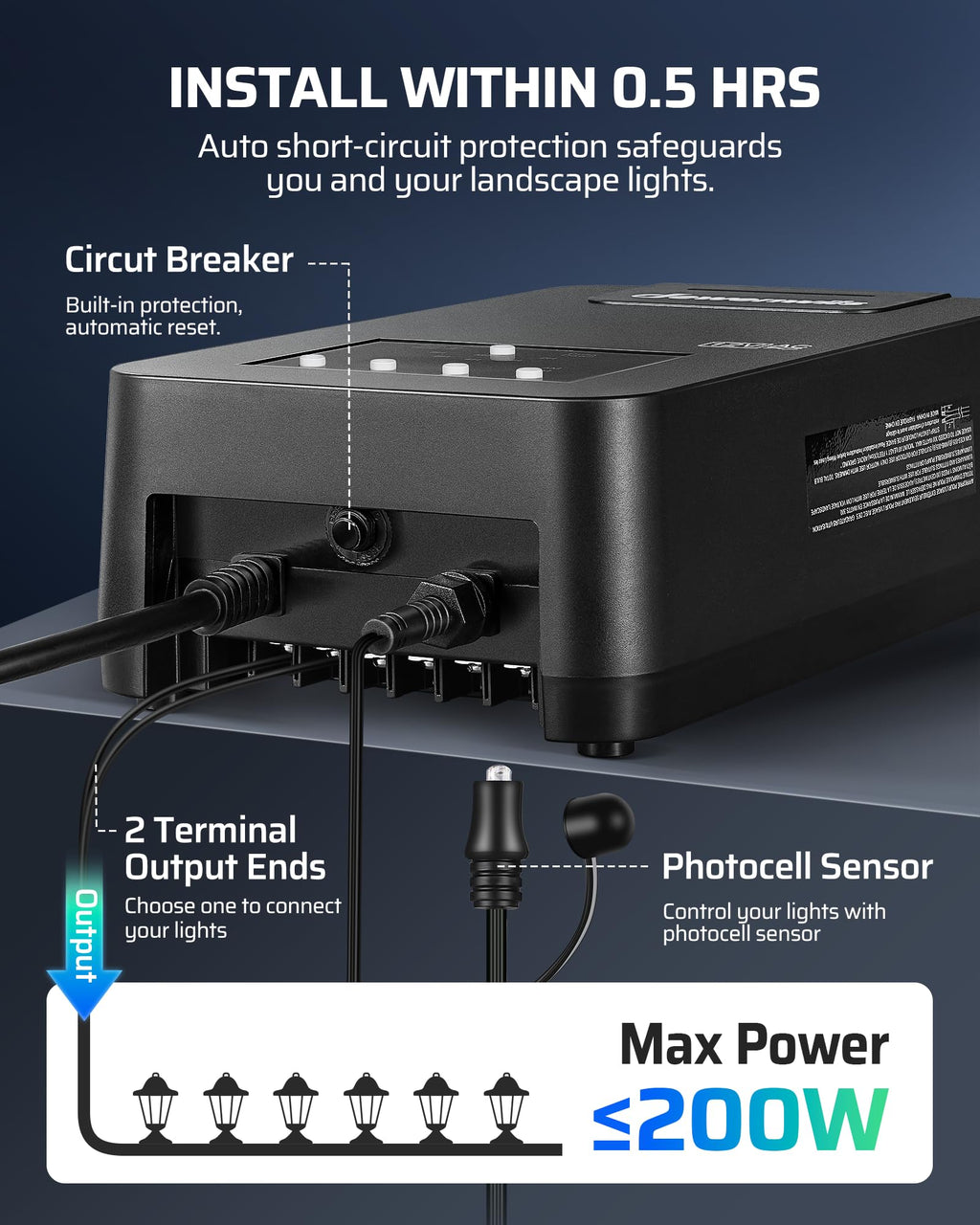 DEWENWILS 200W Low Voltage Transformer with Photocell Sensor & Timer