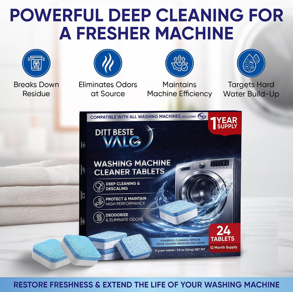 Premium Washing Machine Cleaner Tablets 24 Powerful Deep Clean Descaler & Deodorizer Pods HE Compatible Front & Top
