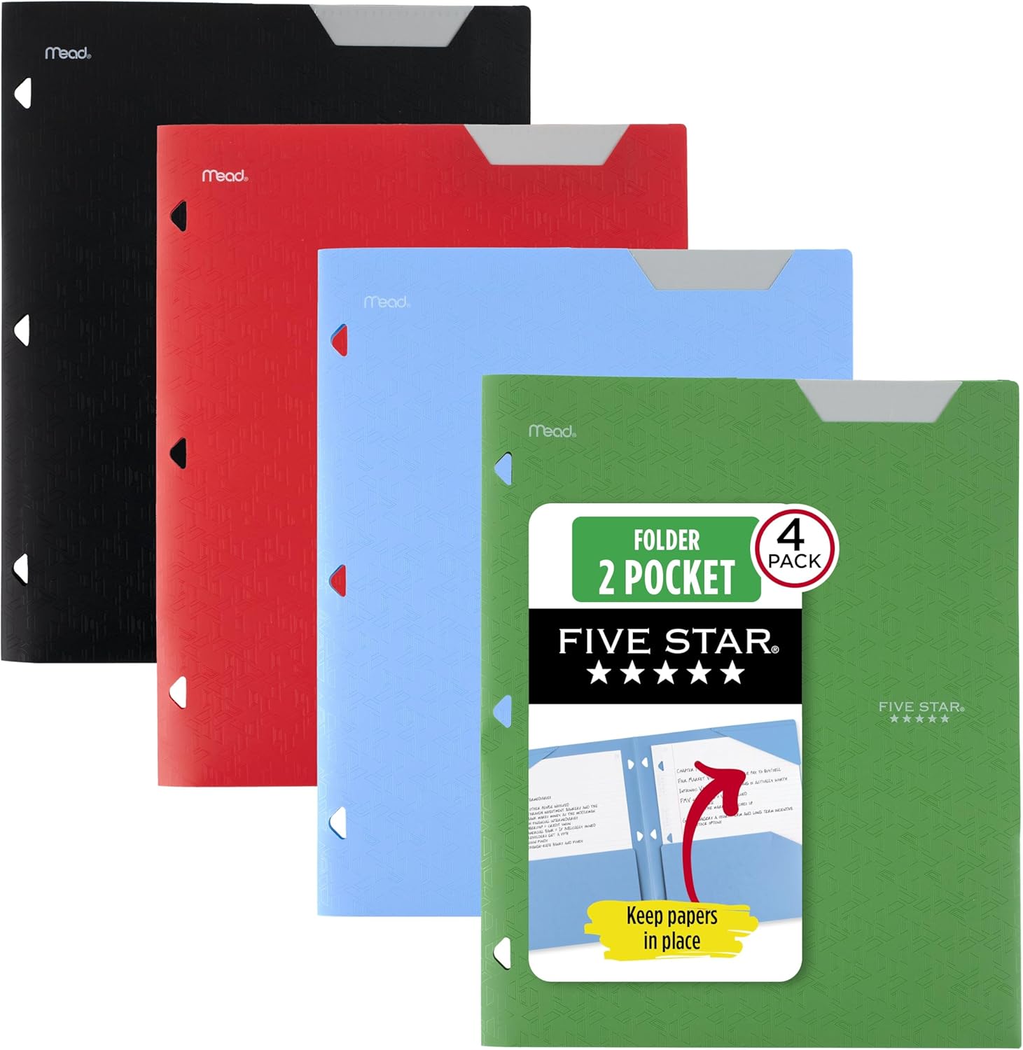 2-Pocket Plastic Folder with Stay-Put Tabs, Fits 3-Ring Binder, Holds 8.5" x 11" Paper, Assorted Colors, 4 Pack