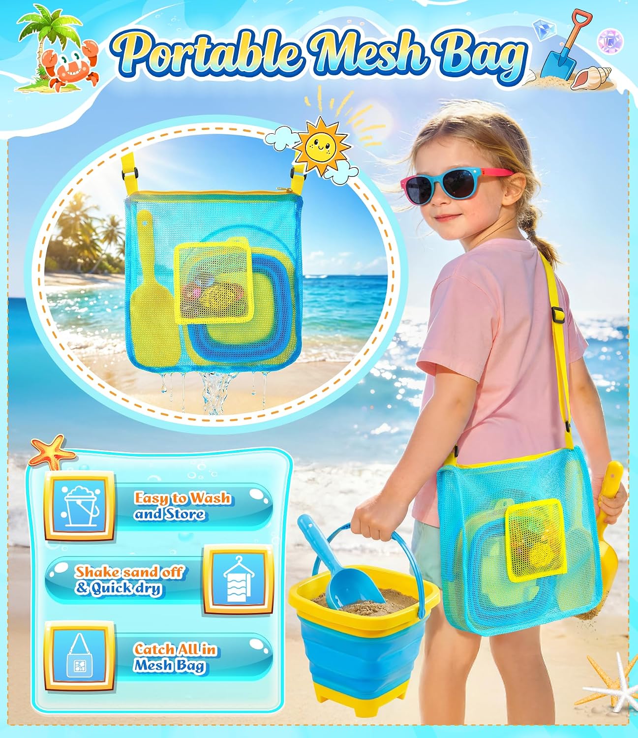 Beach Toys for Kids 24 Pcs Metal Sand Sifter Collapsible Beach Buckets Set | Stainless Steel Sand Shovel, Sandcastle