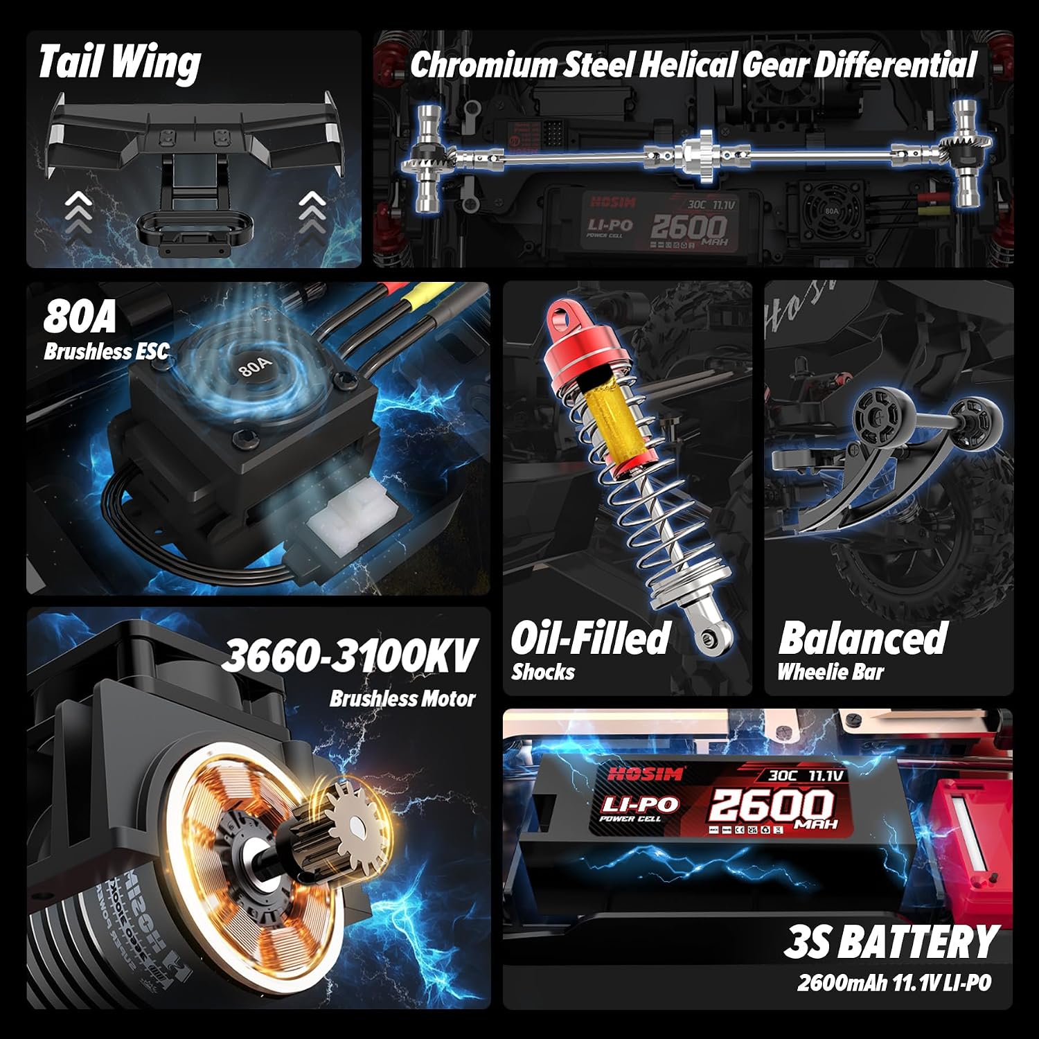 Mini 1:8 Brushless RC Cars for Adults, VEXARO 50+MPH Fast RC Trucks | 3660 3100KV Brushless Motor & 80A ESC, 2*