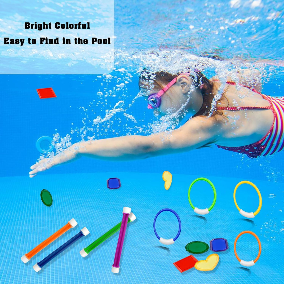 Pool Toys for Kids Ages 8-12 4-8, 16 PCS Pool Diving Toys for Kids Age 3-10, Summer Underwate Swimming Training