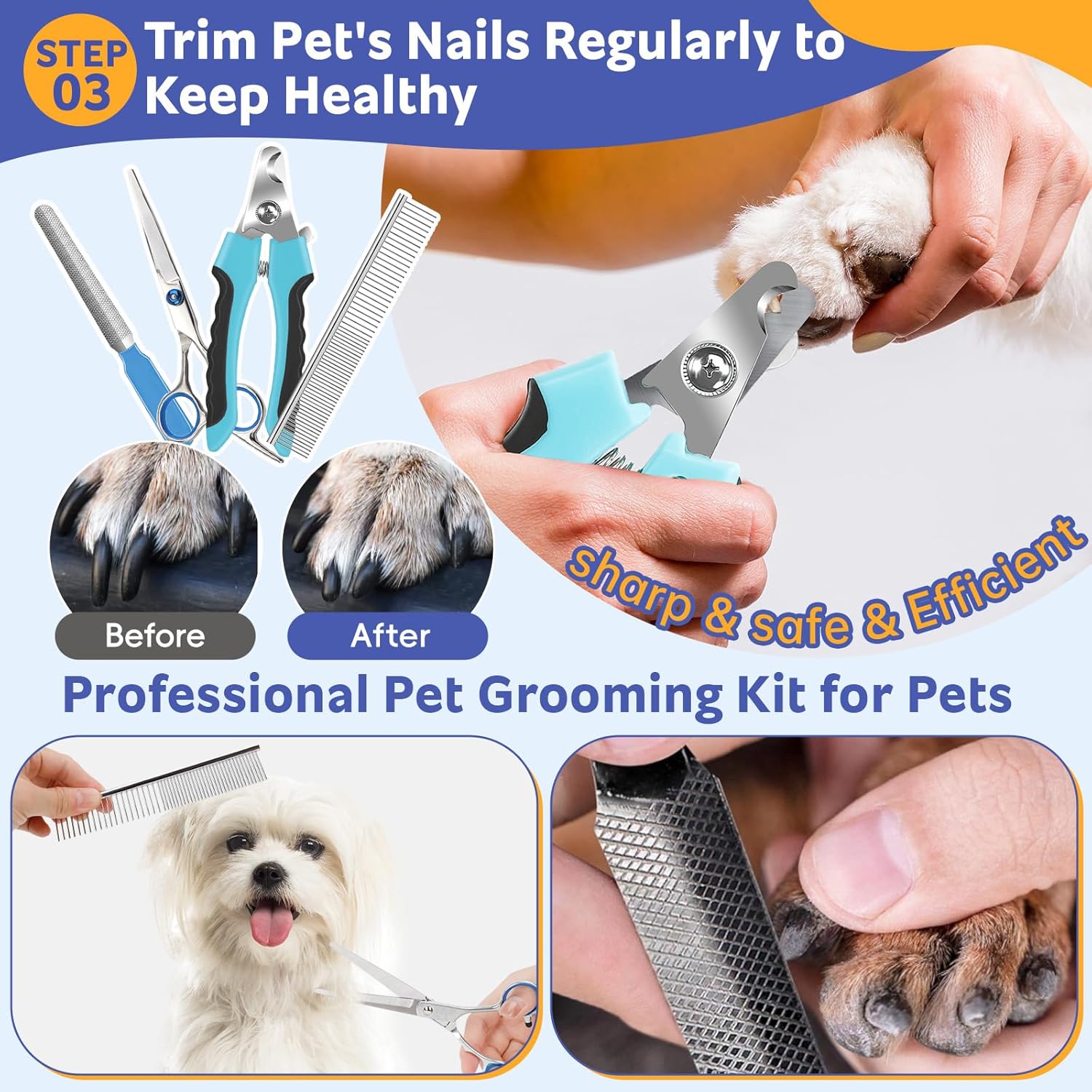 Dog Brush for Shedding 13pcs Bath Grooming Kit with Pet Nail Clipper and File - Dog Bath Brush Cat Grooming Supplies