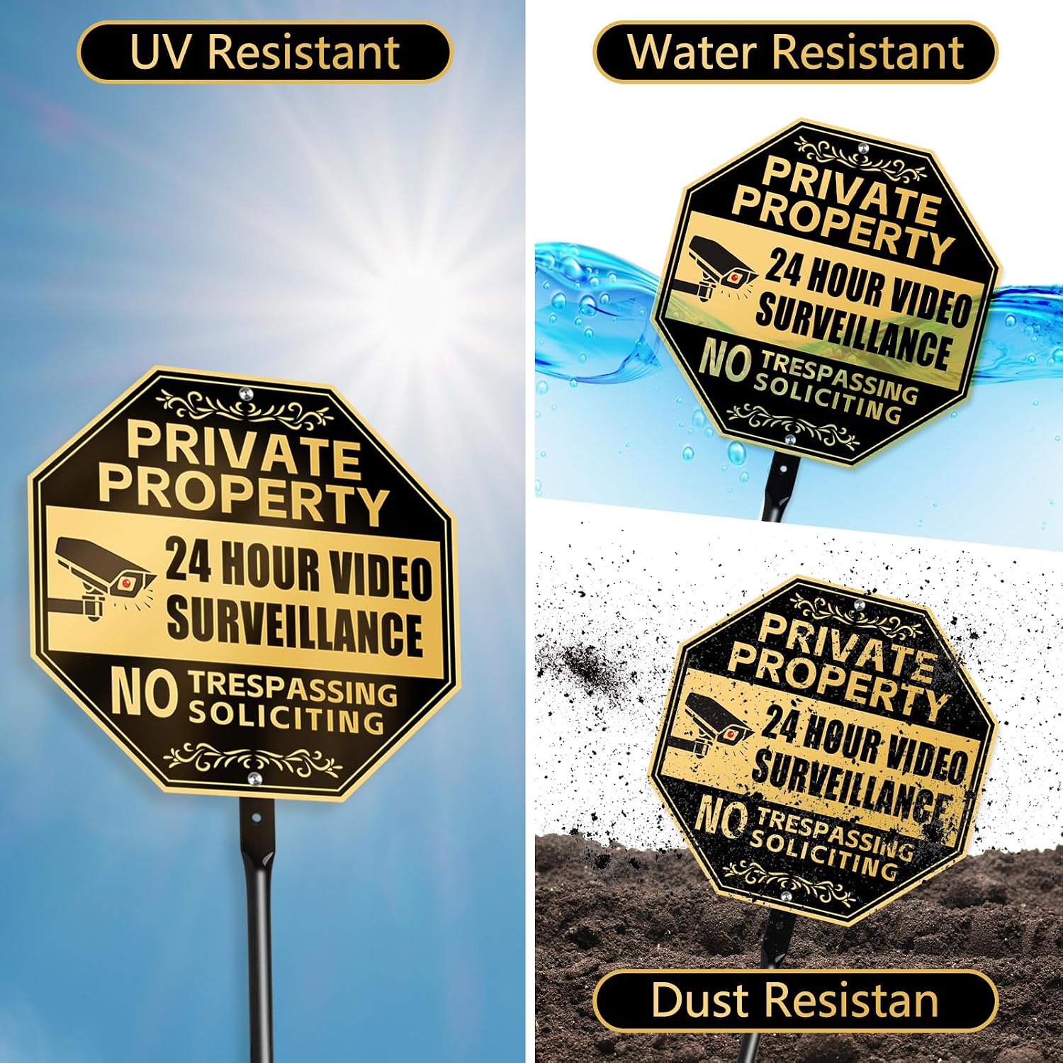 10" x 10" No Soliciting Trespassing Sign with 36" Heavy Duty Steel Stake | Private Property Protected by 24 Hour