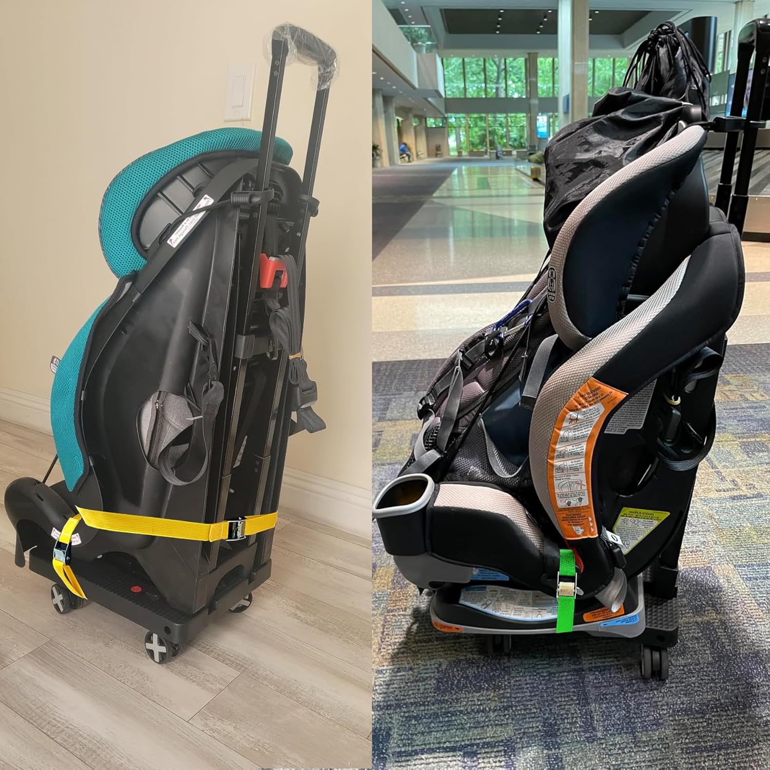 Car Seat Dolly for Airport - CarSeat Roller Cart Wheels for Airplane - Car Seat Travel Cart Carrier with Straps
