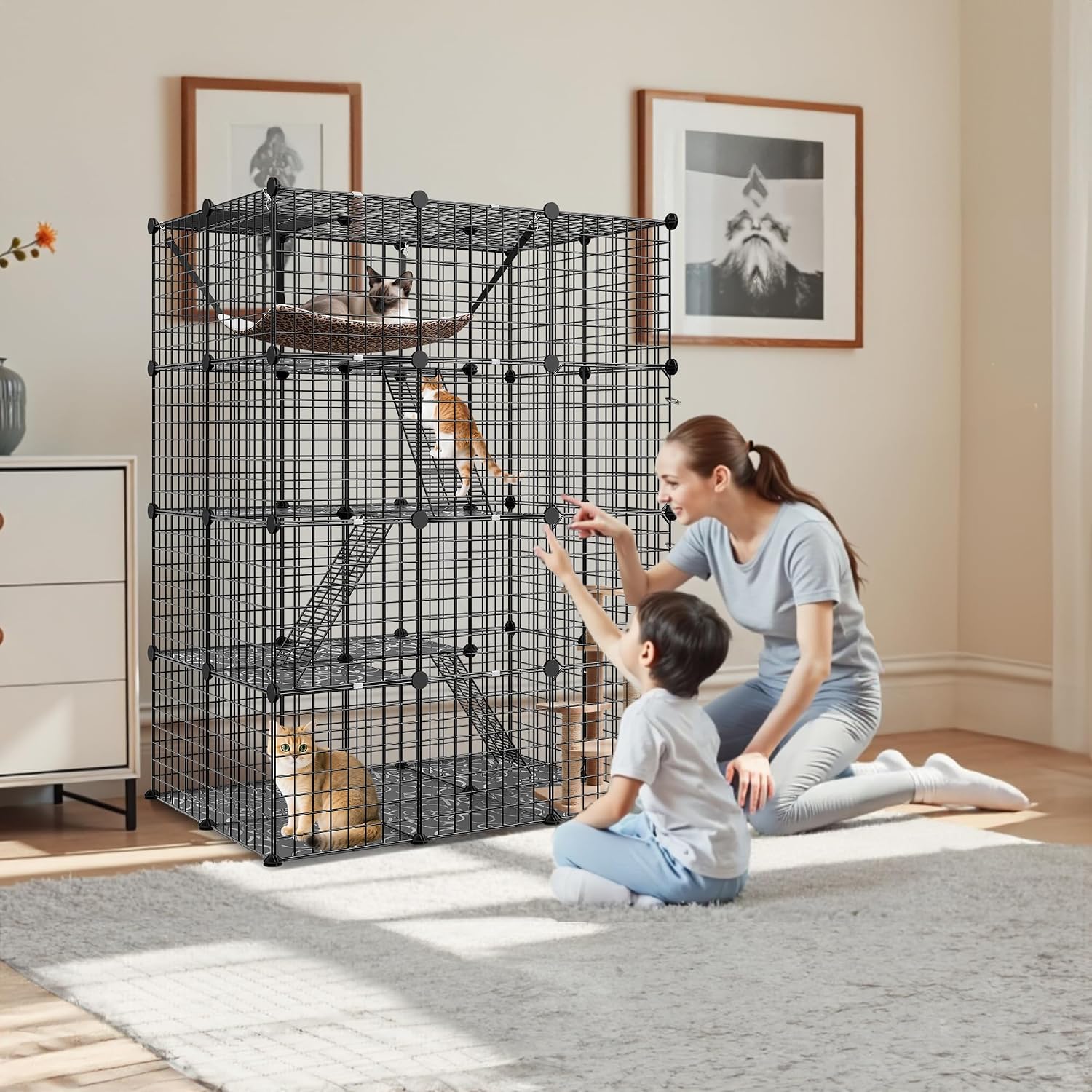 4-Tier Cat Cage Indoor Cat Enclosures DIY Cat Playpen Detachable Metal Wire Kennels with Extra Large Hammock for