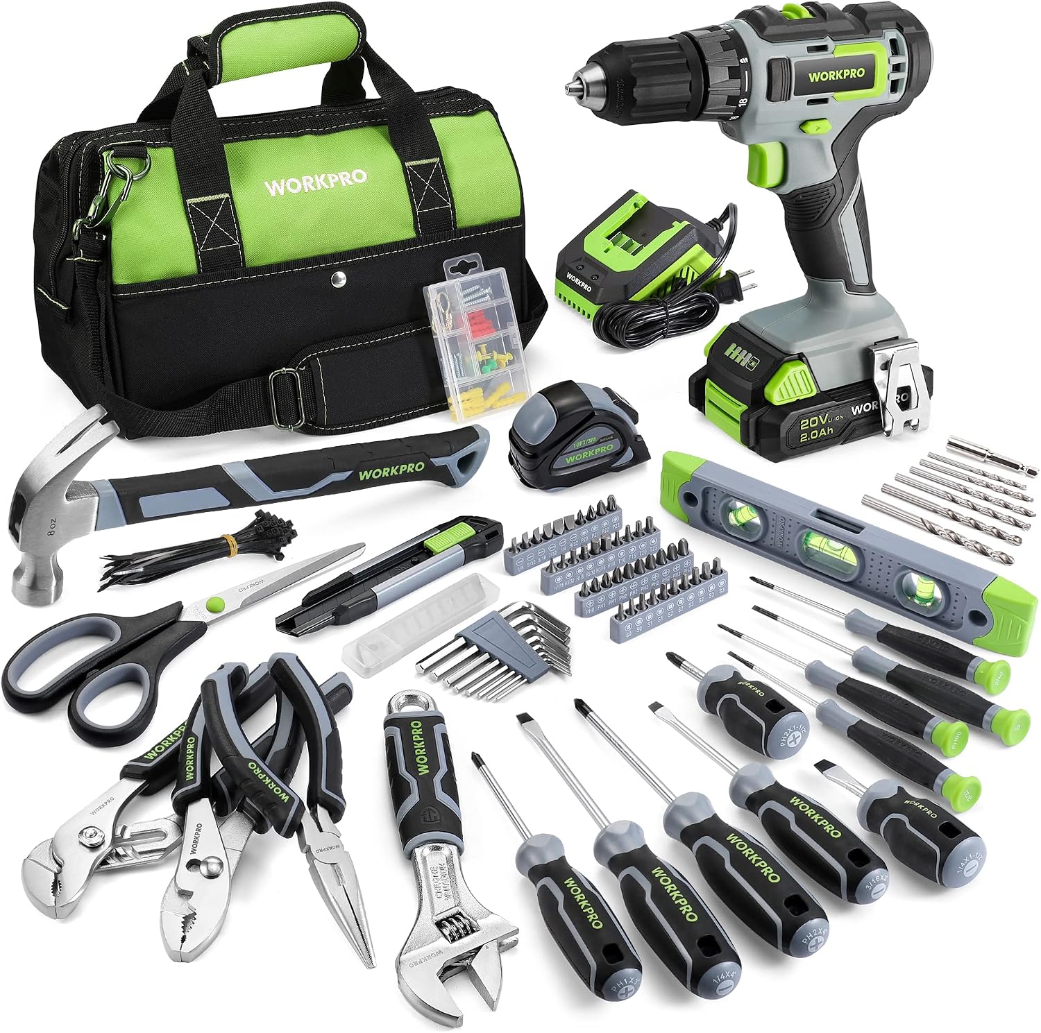 Home Tool Set with 20V Cordless Lithium-Ion Drill Driver, Household Repairing Tool Kit with Drill, 157PCS Power Drill