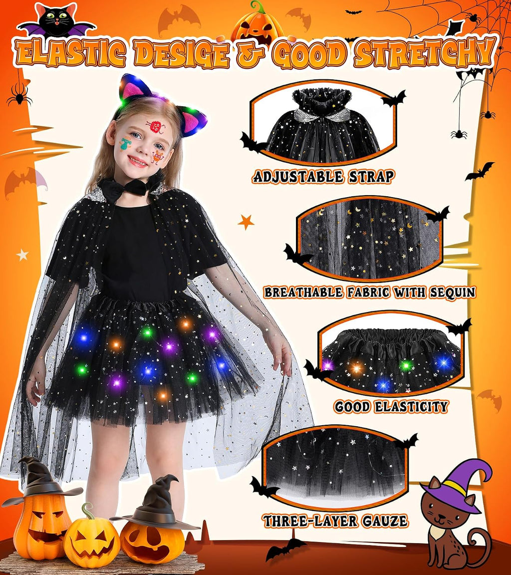 Black Cat Costume & Cape for Girls, Light Up Kid Halloween Costume for Girl