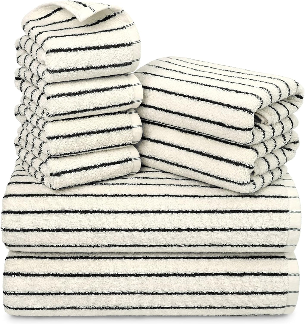 8 Piece Black and Ivory Towel Set, Super Soft & Absorbent Cotton Striped | Towels for Bathroom Decor, 2 Bath, 2 Hand